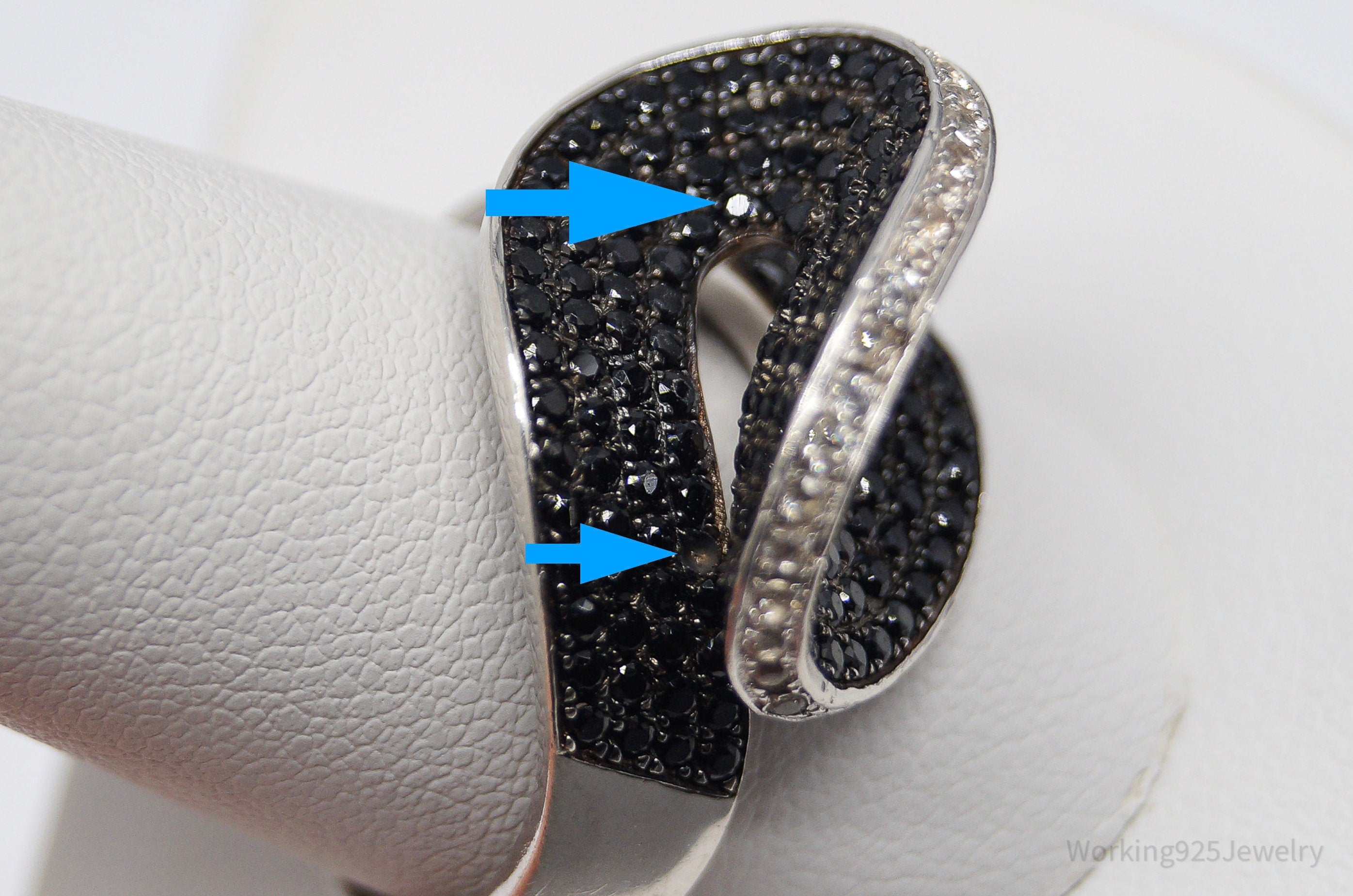 Vintage Black Tourmaline & White Topaz Sterling Silver Ring - Size 12