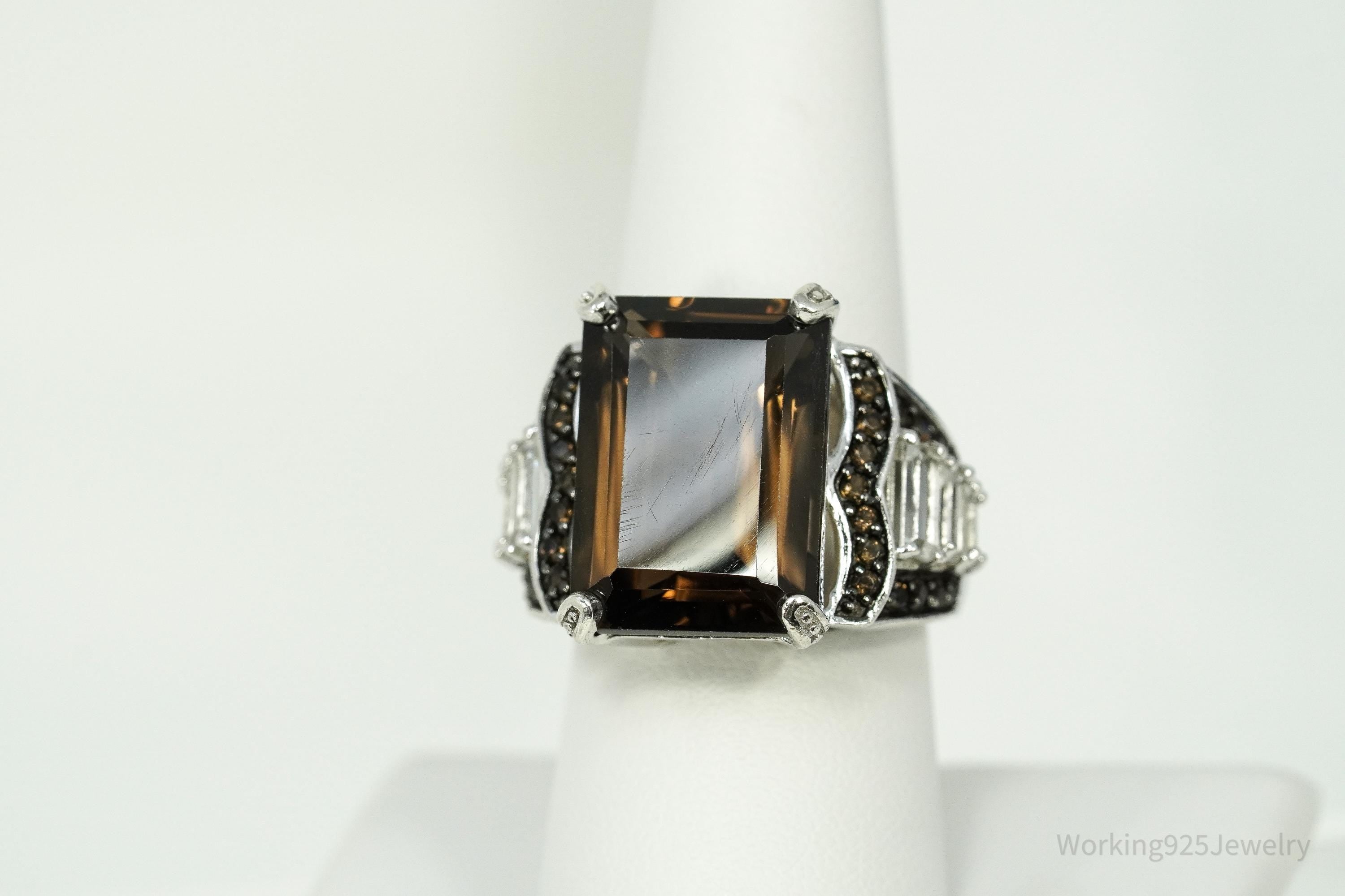 Vintage Large Smoky Quartz & White Topaz Sterling Silver Ring - Size 8