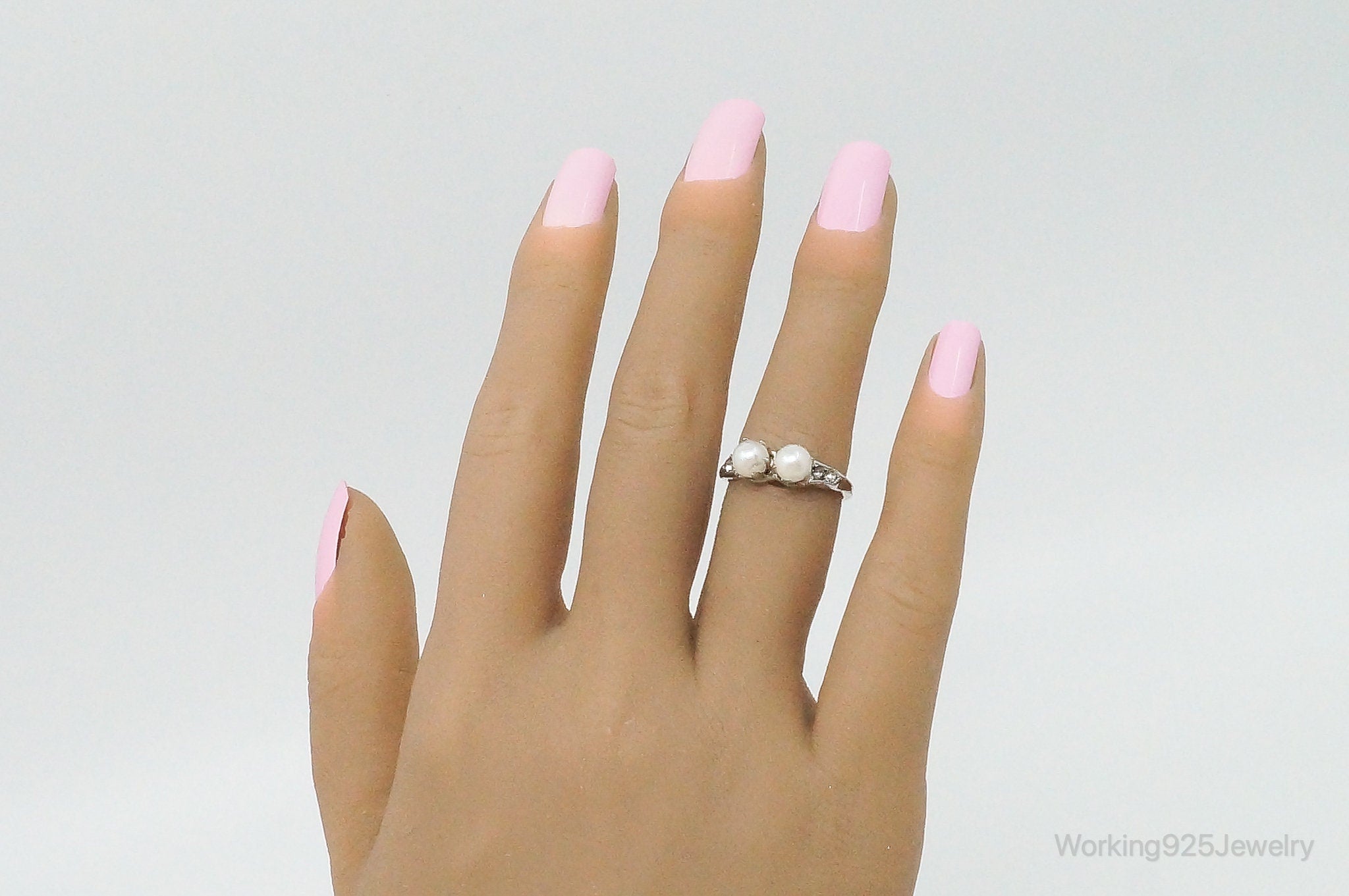 Antique Pearl Rhinestone Sterling Silver Ring - Size 6