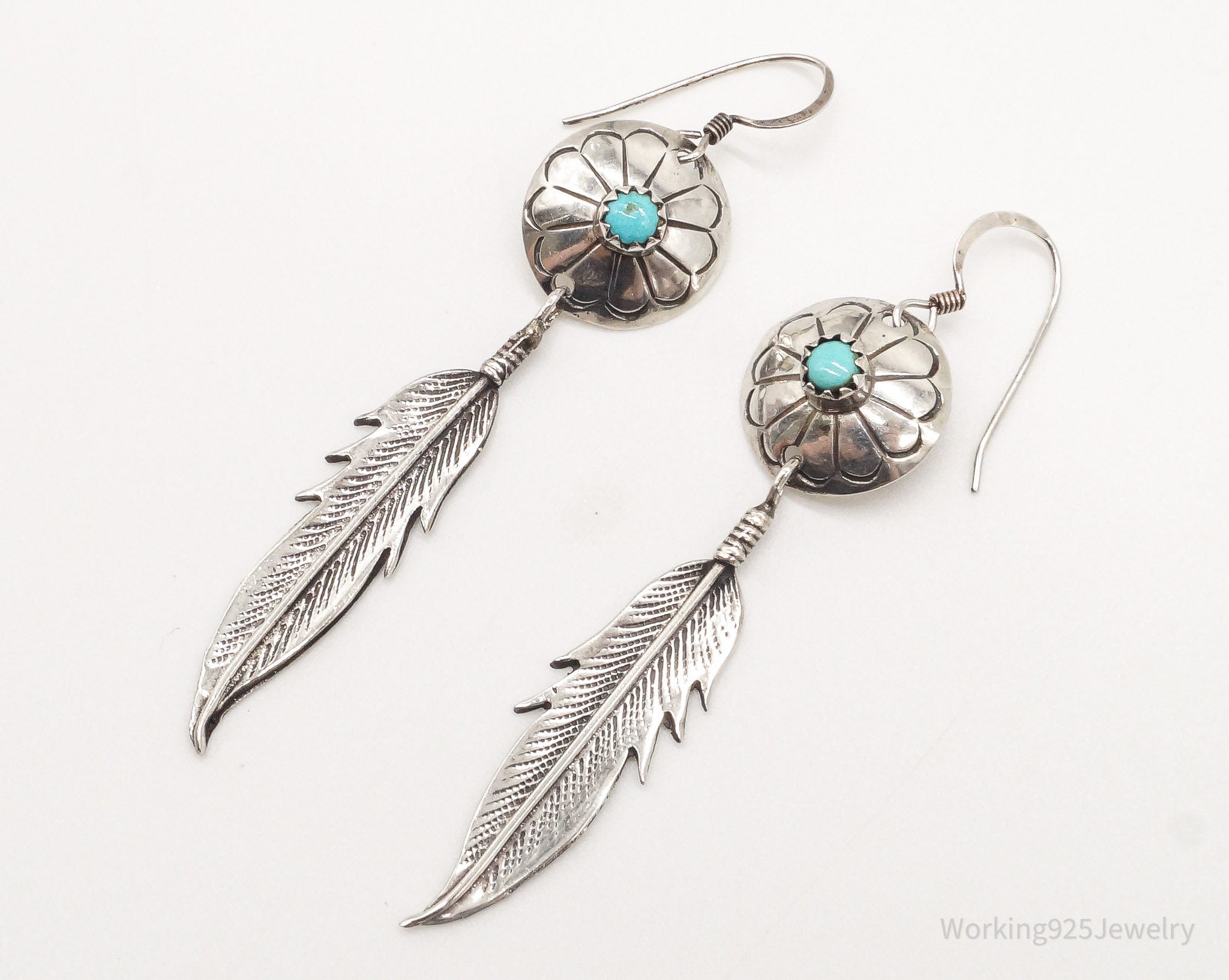 Vintage Native American Turquoise Feather Silver Earrings