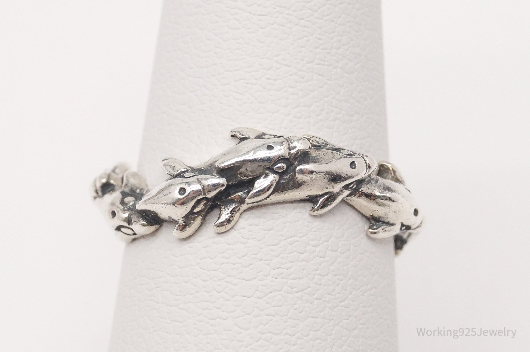 Vintage Designer Kabana Swimming Dolphins Sterling Silver Ring - Size 6.25