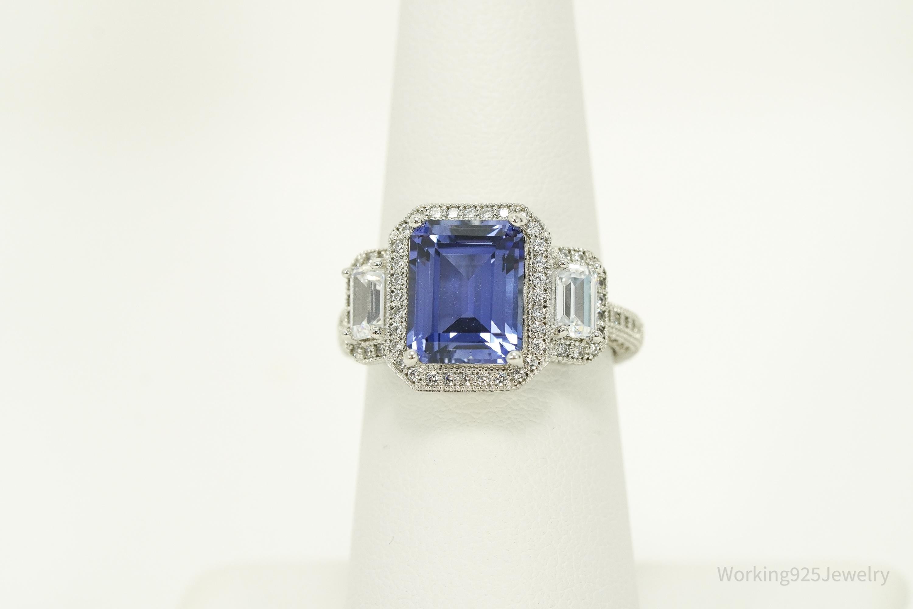Blue Lab Sapphire & White Cubic Zirconia Sterling Silver Ring - Size 7.25