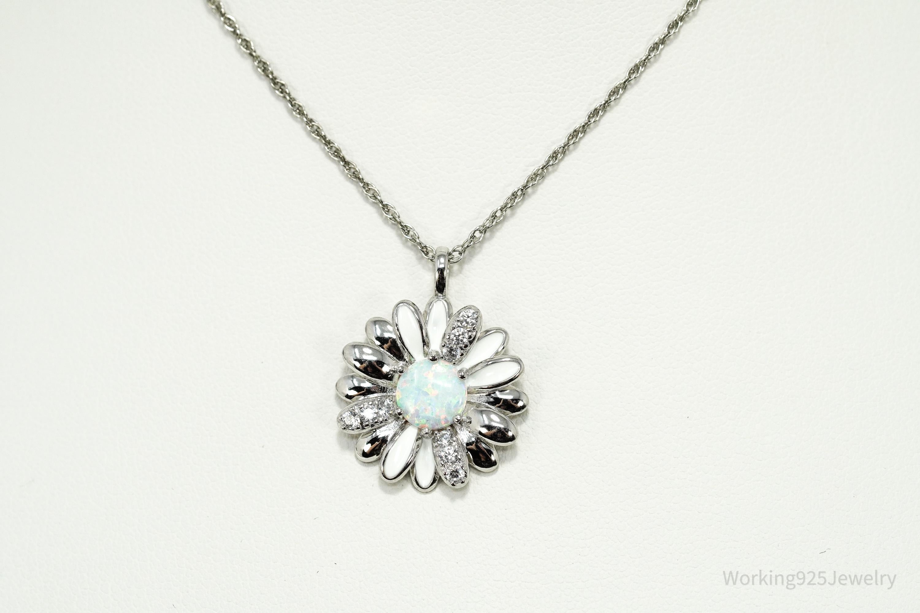 Opal & Cubic Zirconia Sterling Silver White Enamel Flower Chain Necklace 18"