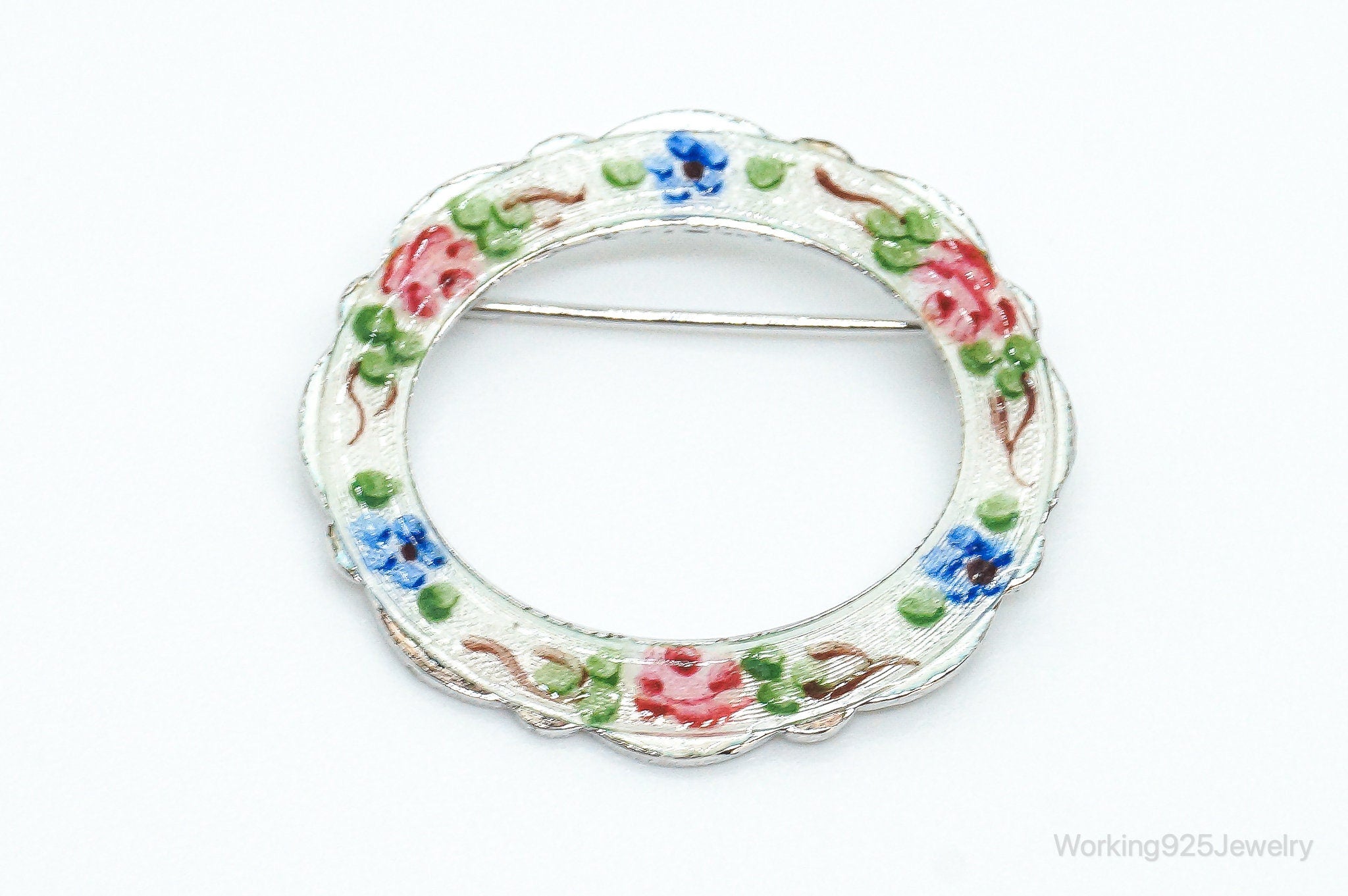 Vintage French LaMode Enamel Flowers Sterling Silver Brooch Pin