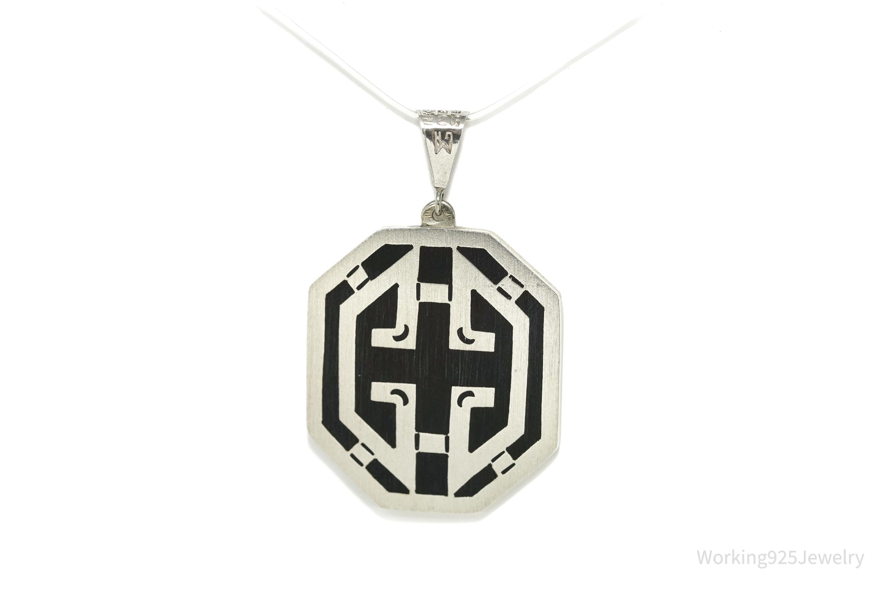 Vintage Large Mexico Inlay Reversible Sterling Silver Necklace Pendant