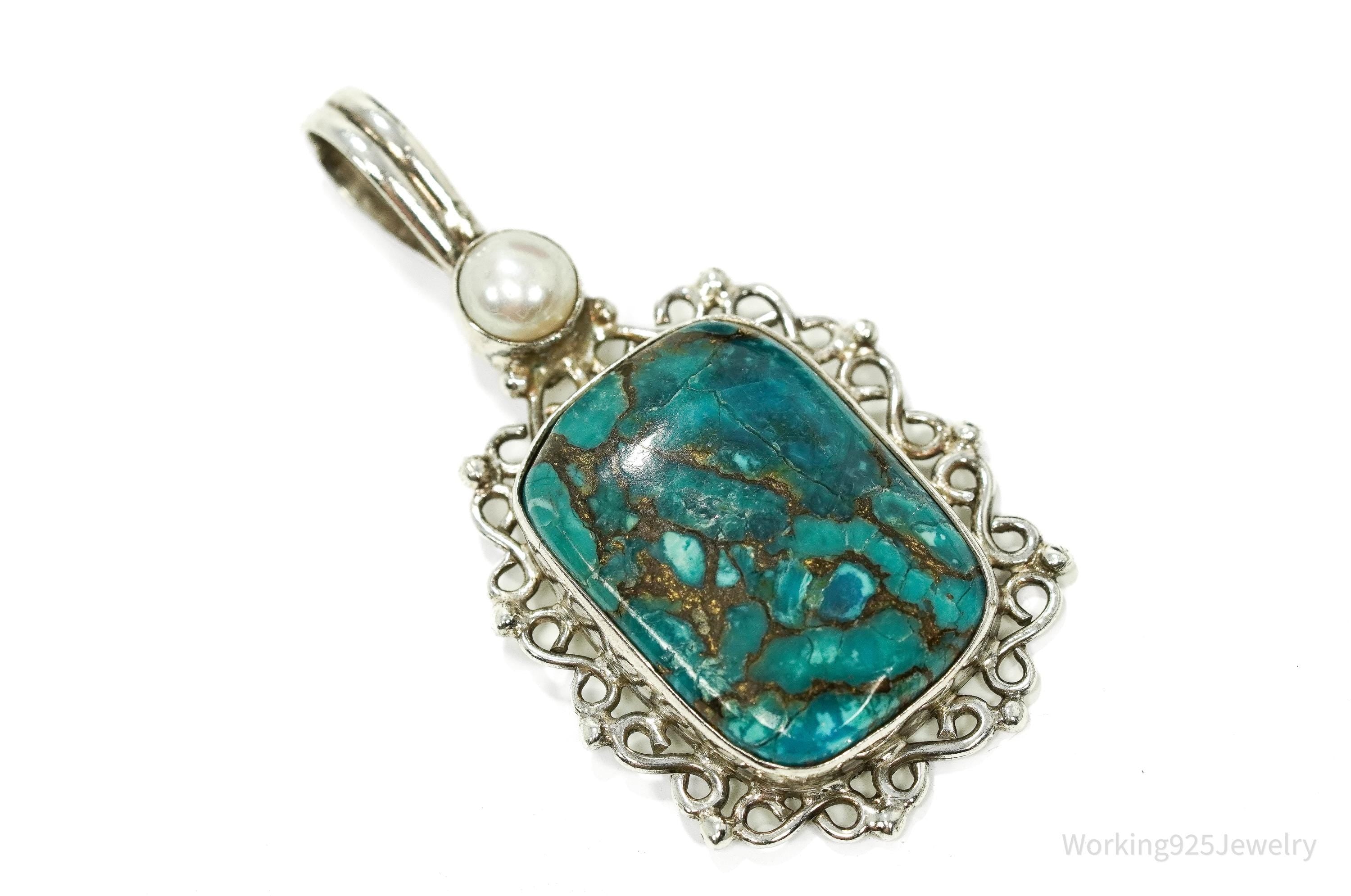 Vintage Turquoise & Pearl Sterling Silver Pendant