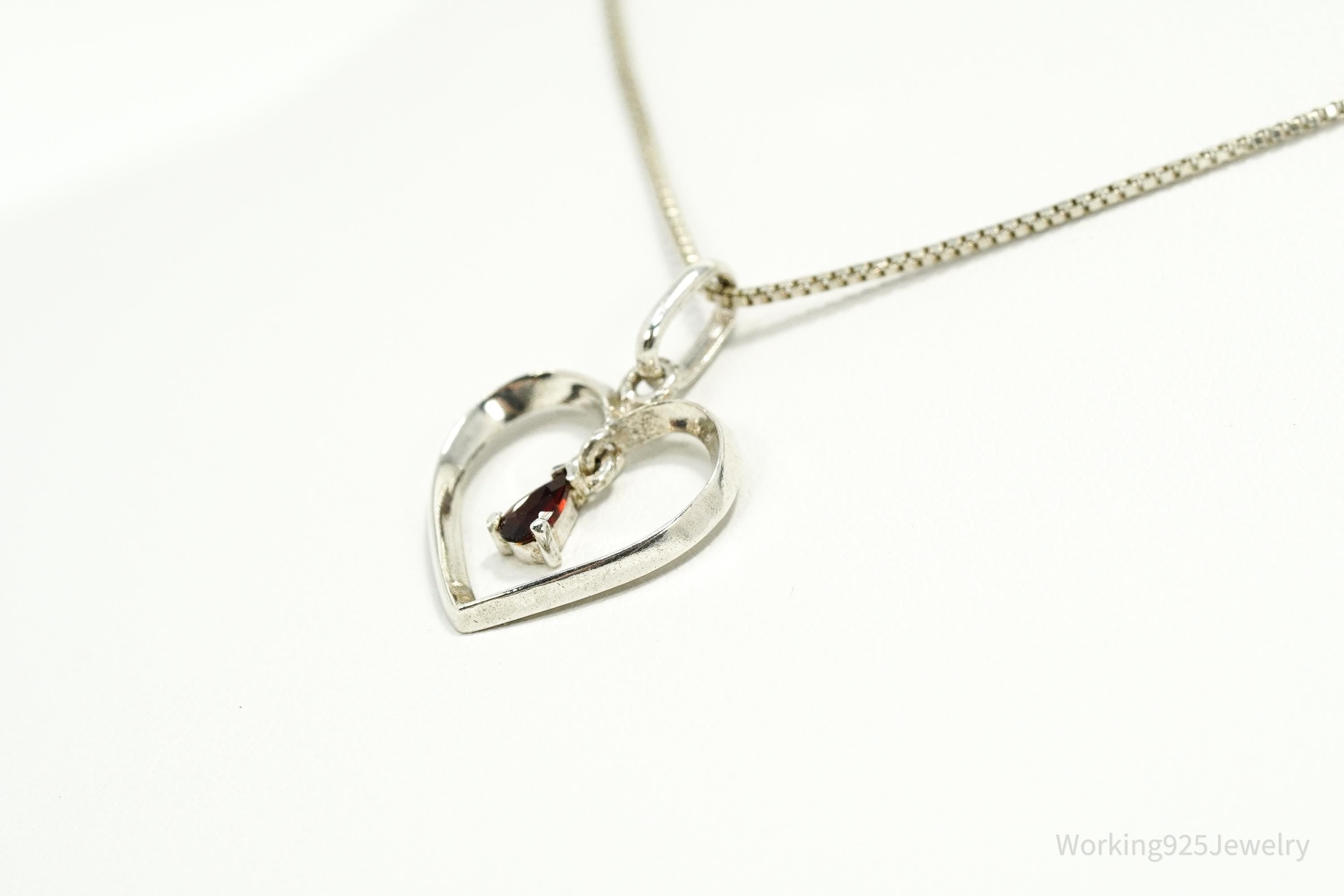 Vintage Garnet Sterling Silver Heart Chain Necklace 18"