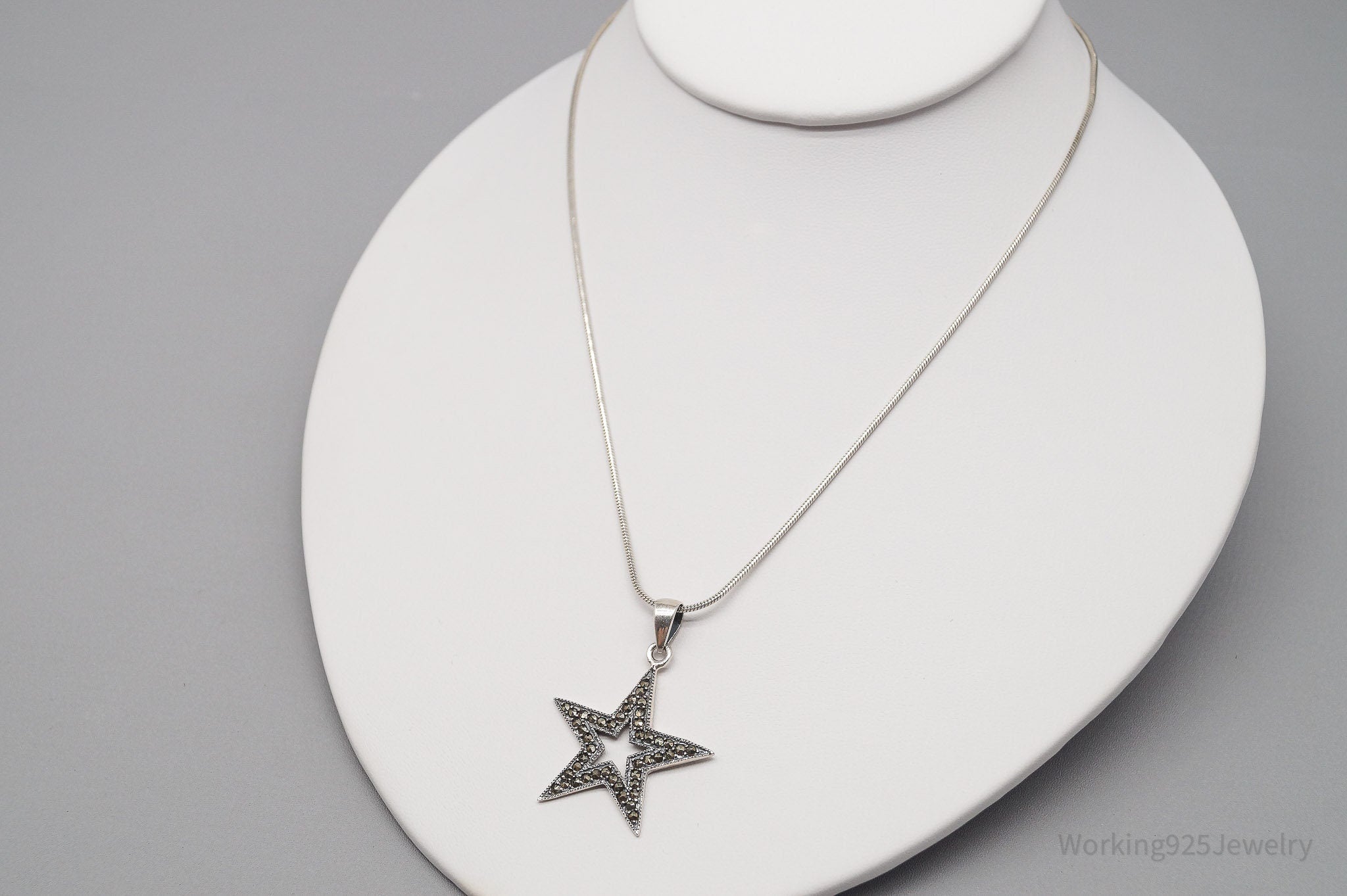 Vintage Marcasite Star Sterling Silver Necklace - 18"