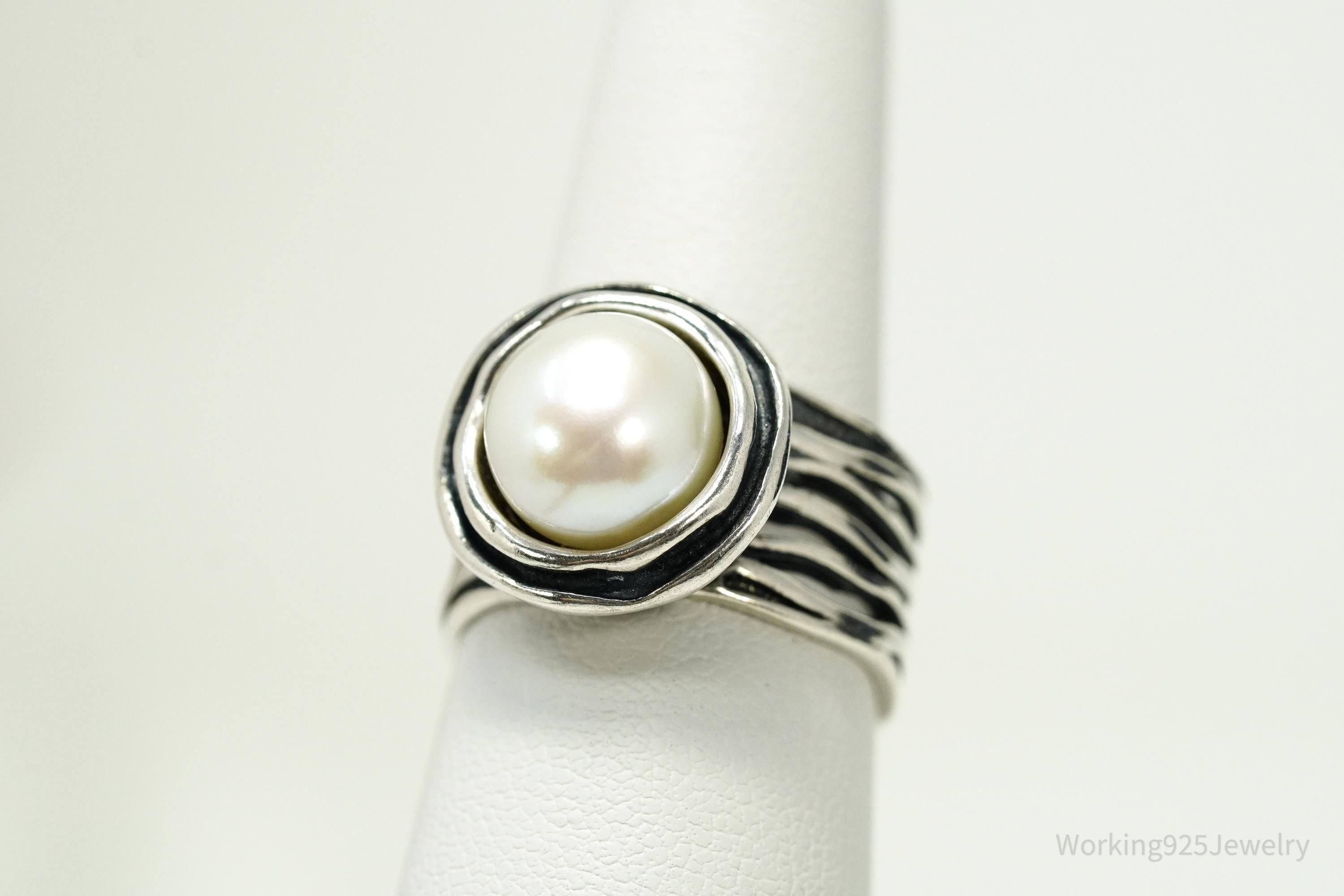 Vintage Israel Large White Pearl Sterling Silver Ring - Size 7