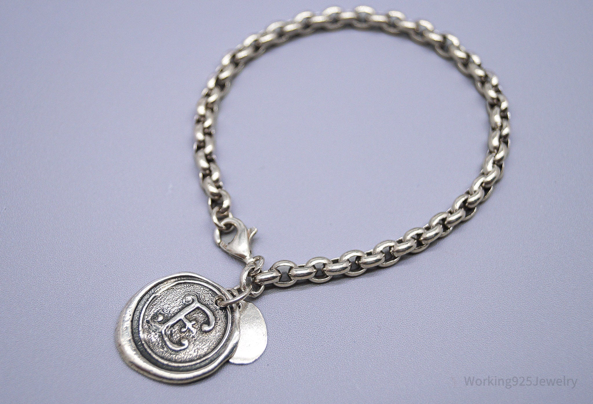 Vintage Designer Cursive E Sterling Silver Chain Bracelet - 7 5/8"