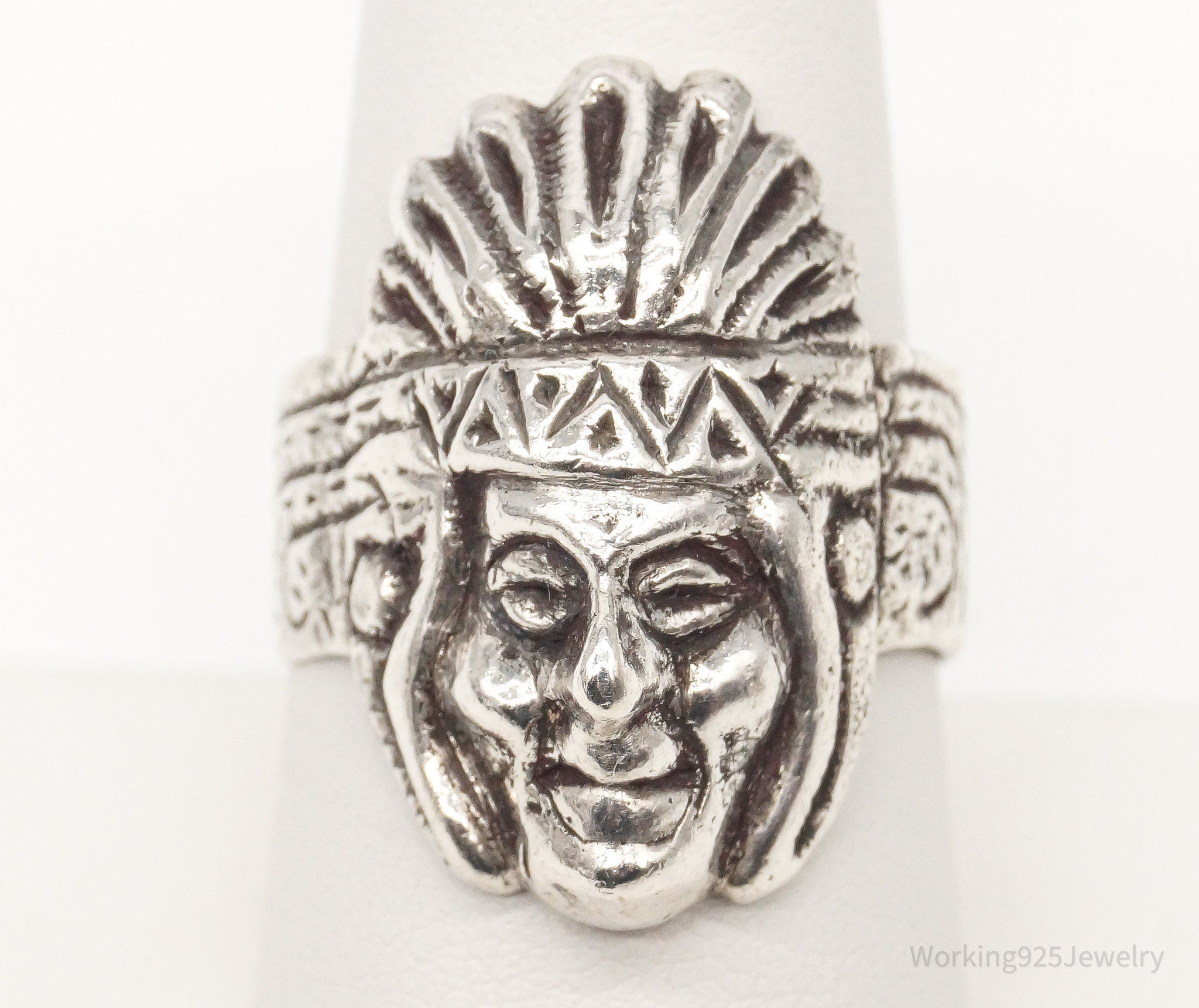 Vintage Native American Chief Head Silver Ring - Size 8.5