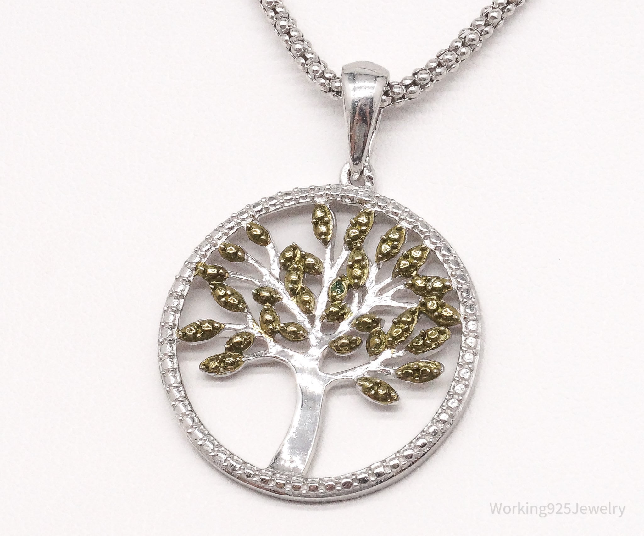 Vintage Tree Of Life Green Diamond Green Vermeil Sterling Silver Necklace 18"