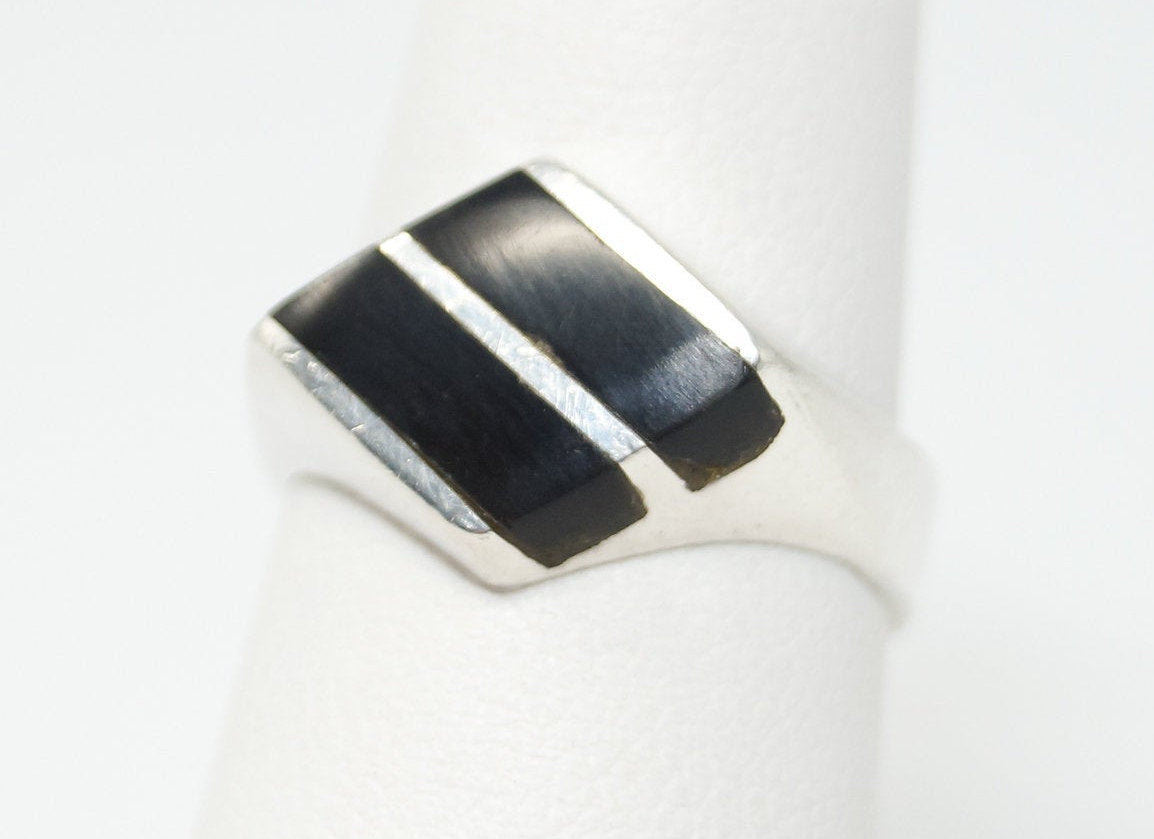 Vintage Taxco Mexico Designer Black Onyx Sterling Silver Ring - Size 6.25