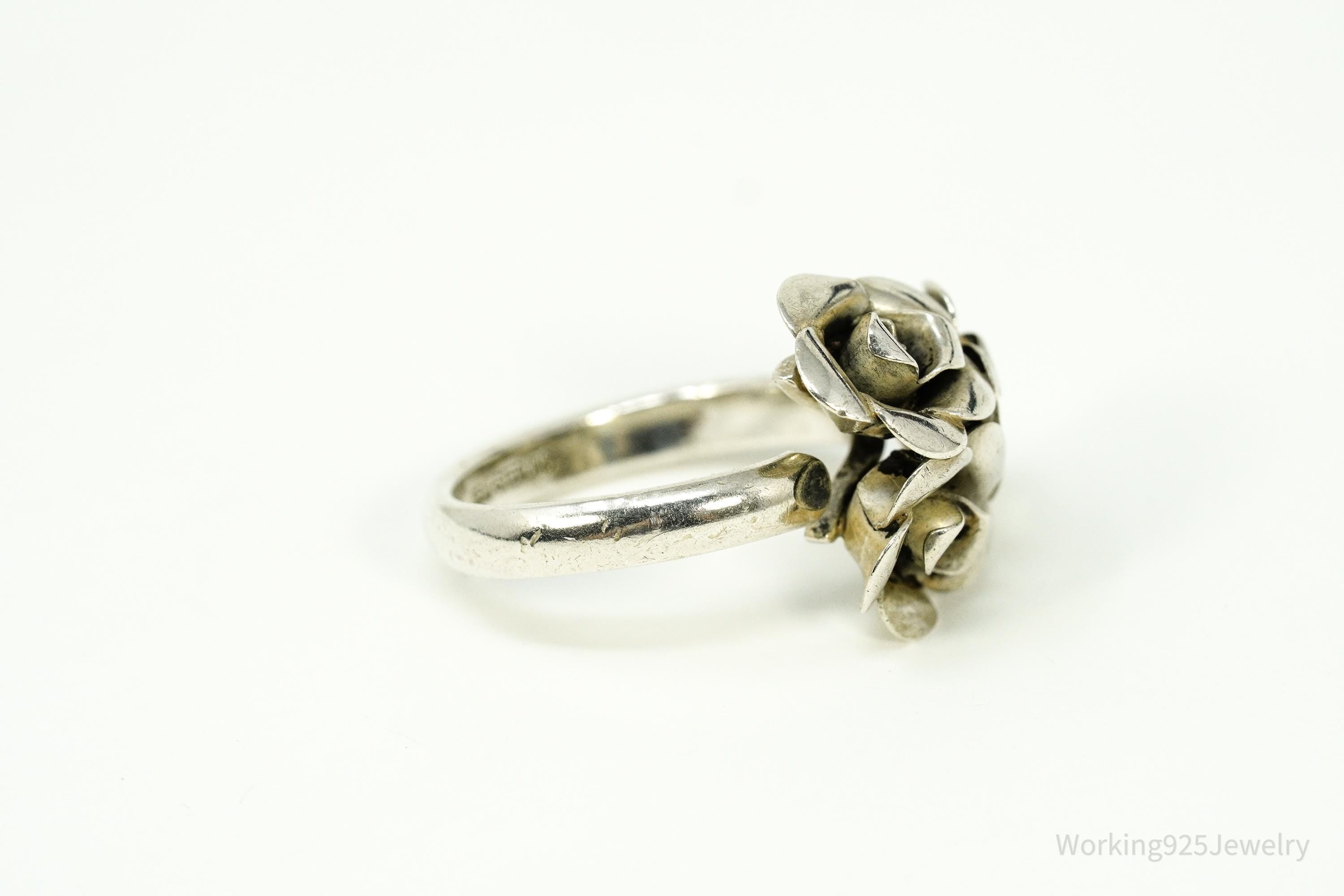 Vintage BEAU Flower Bouquet Adjustable Sterling Silver Ring - Size 6.75