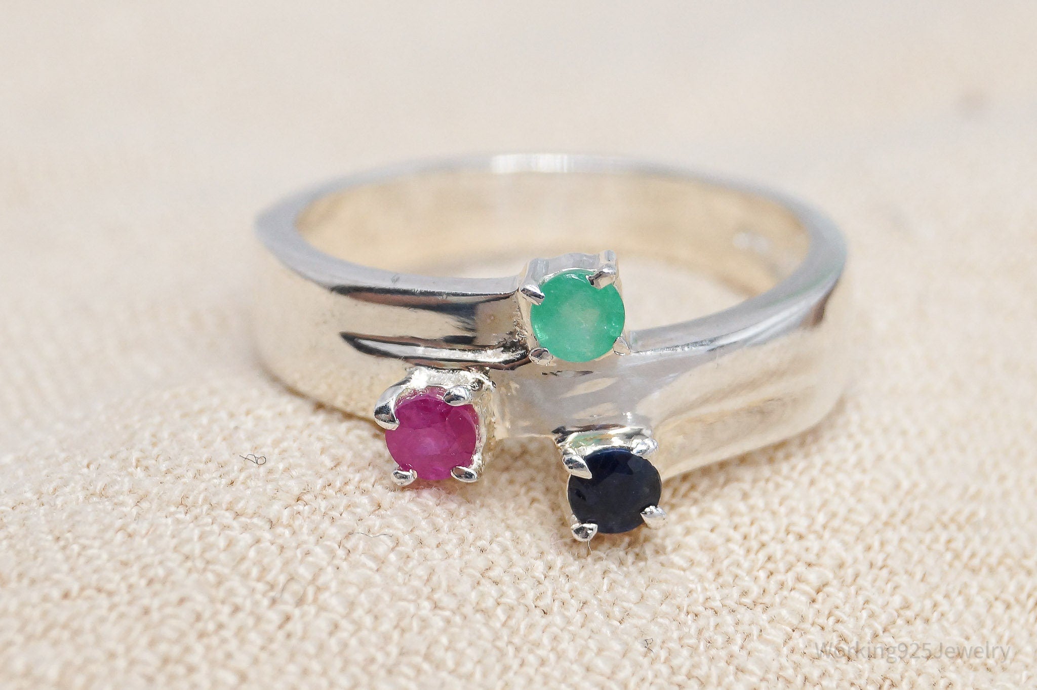 Vintage Ruby Emerald Sapphire Sterling Silver Ring - Size 7