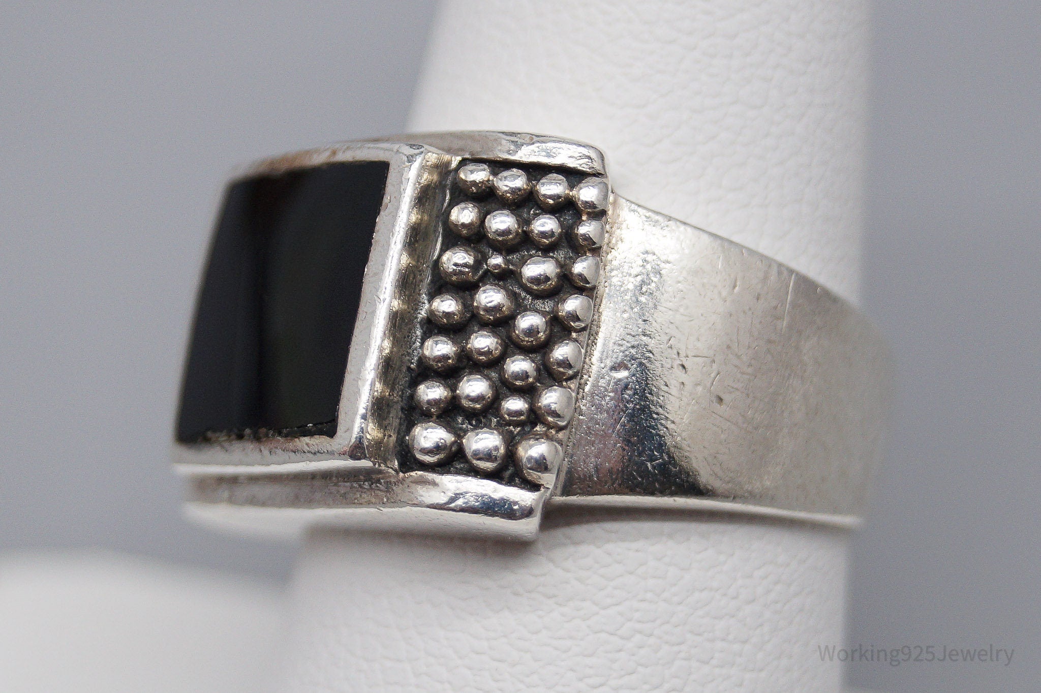 Vintage Black Onyx Modernist Style Sterling Silver Ring - Size 8