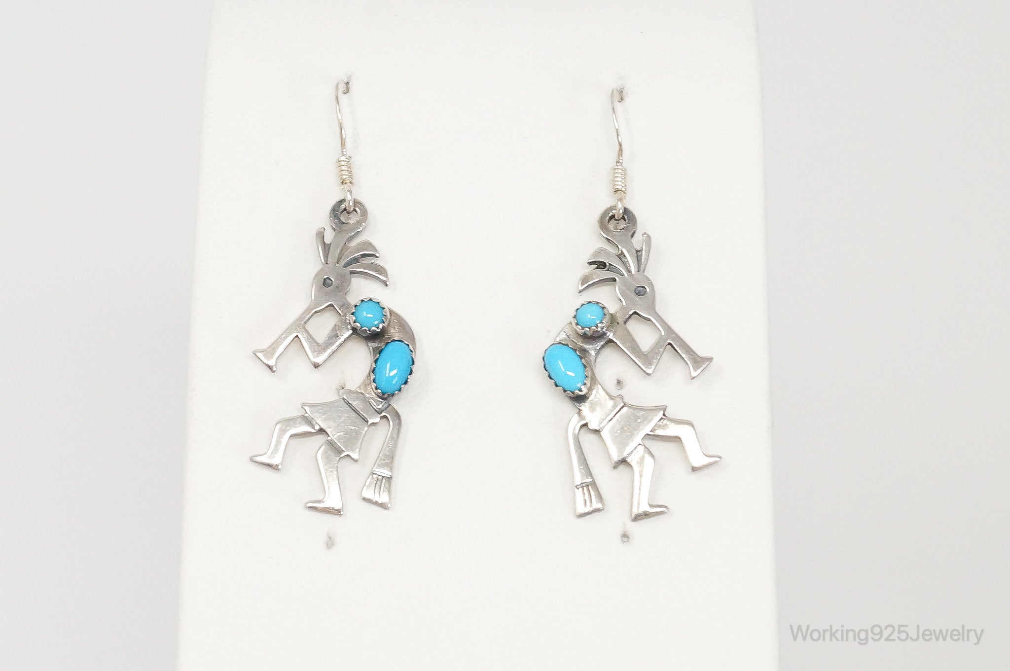 Vintage Native American Turquoise Dancing Kokopelli Sterling Silver Earrings