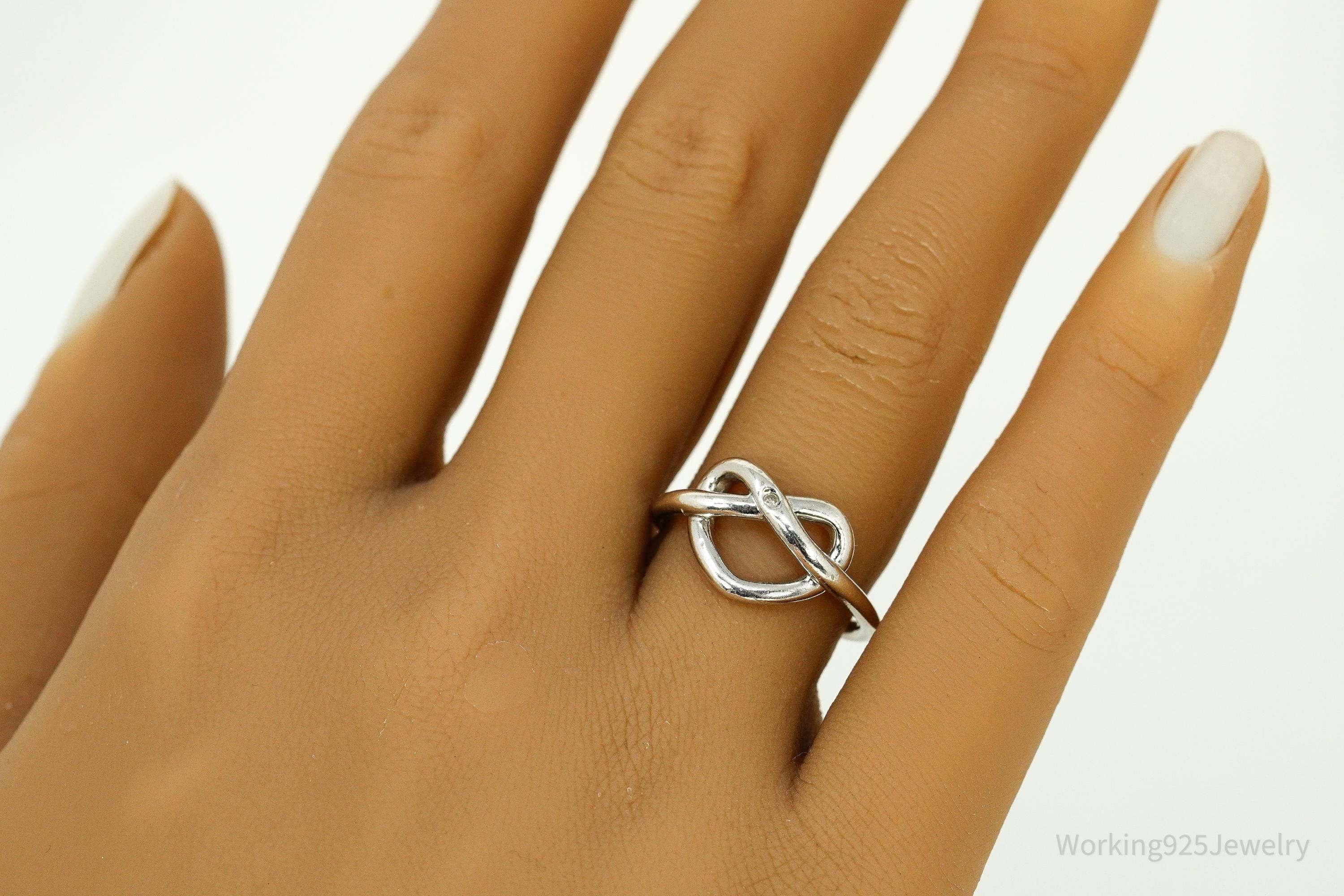 Vintage HDIA Single Diamond Heart Knot Sterling Silver Ring - Size 7.5