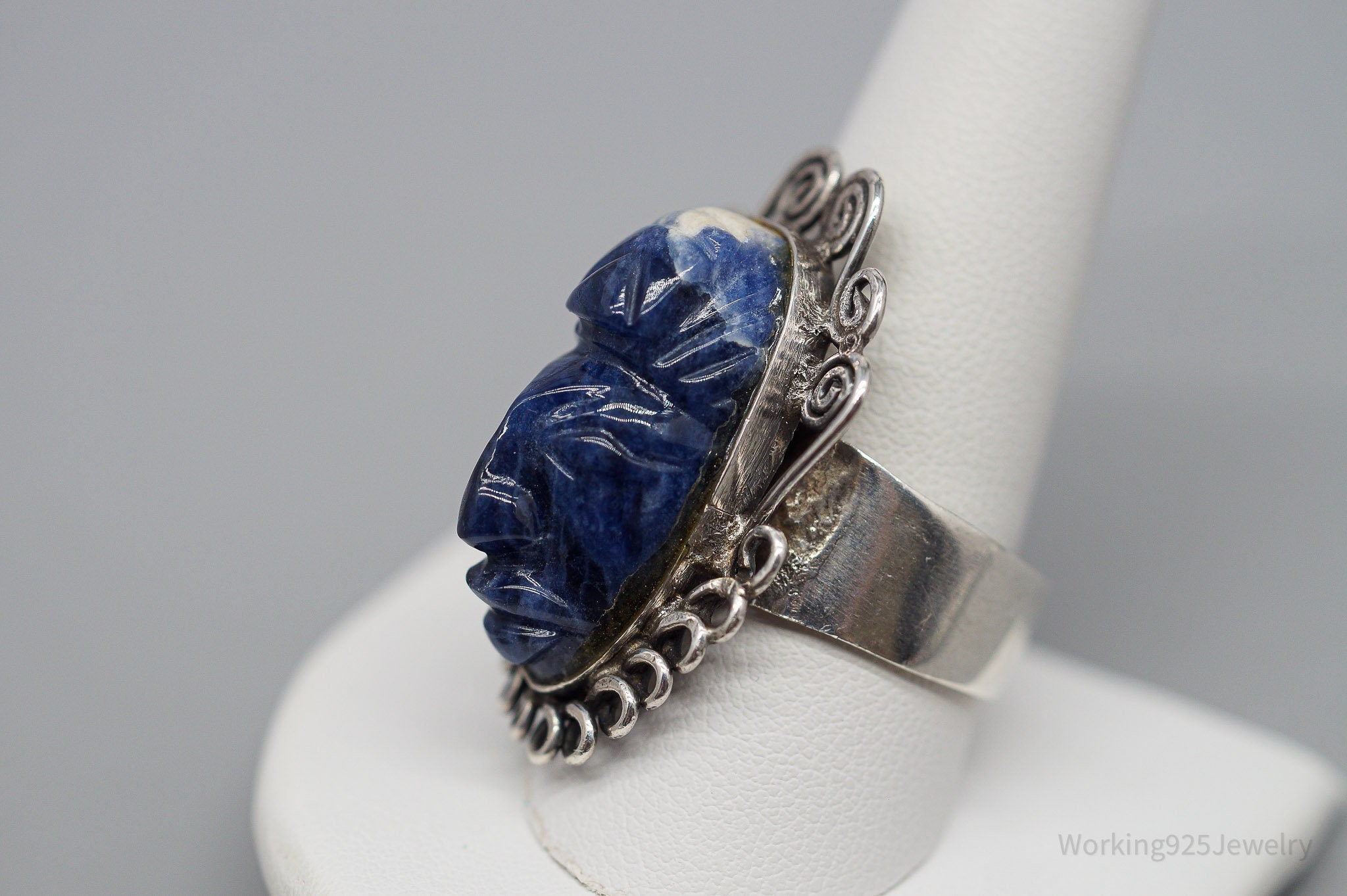 Vintage Carved Sodalite Aztec Mayan Mask Sterling Silver Ring Size 10.5