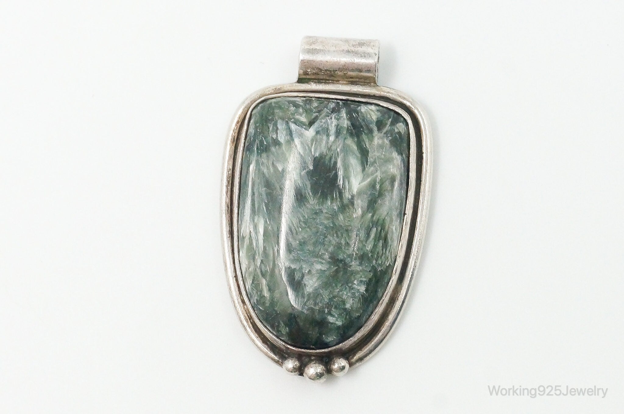 Vintage Large Green Seraphinite Sterling Silver Necklace Pendant