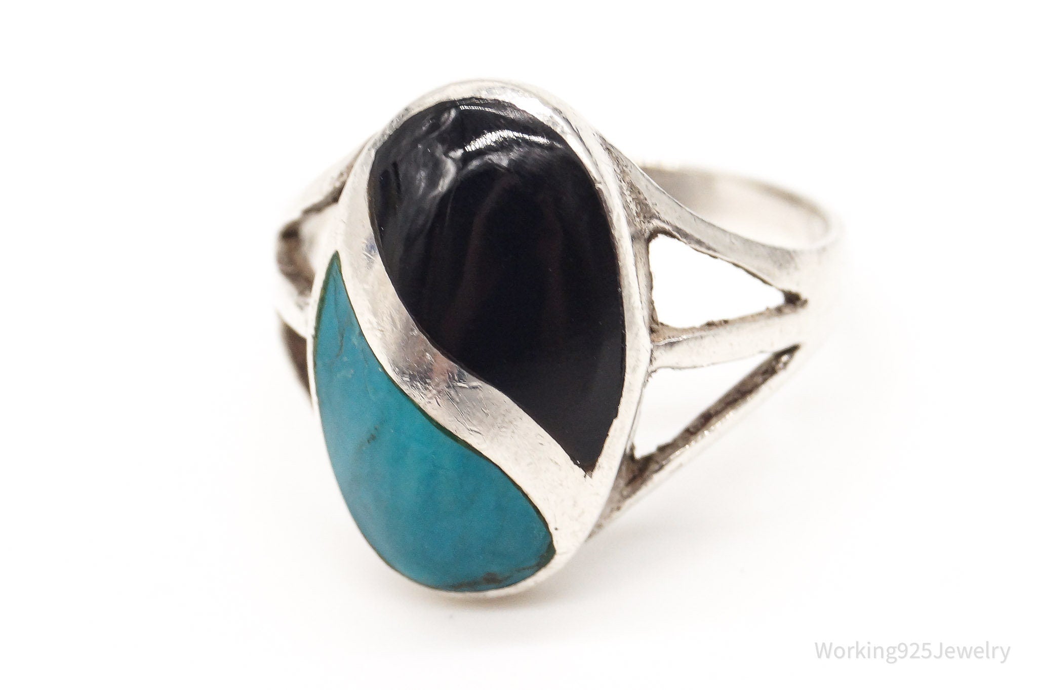 Vintage Turquoise Black Onyx Inlay Sterling Silver Ring - Size 6.75