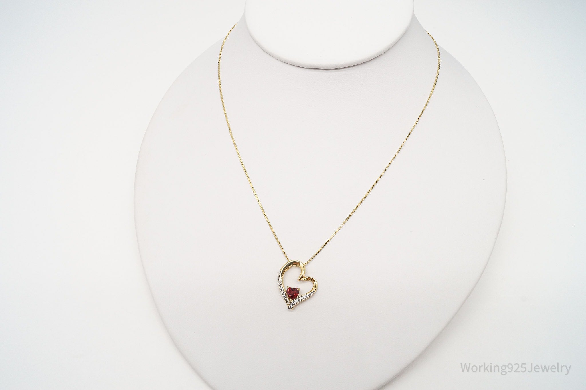 Vintage Garnet White Sapphire 18K Gold Plated Sterling Silver Heart Necklace 16"