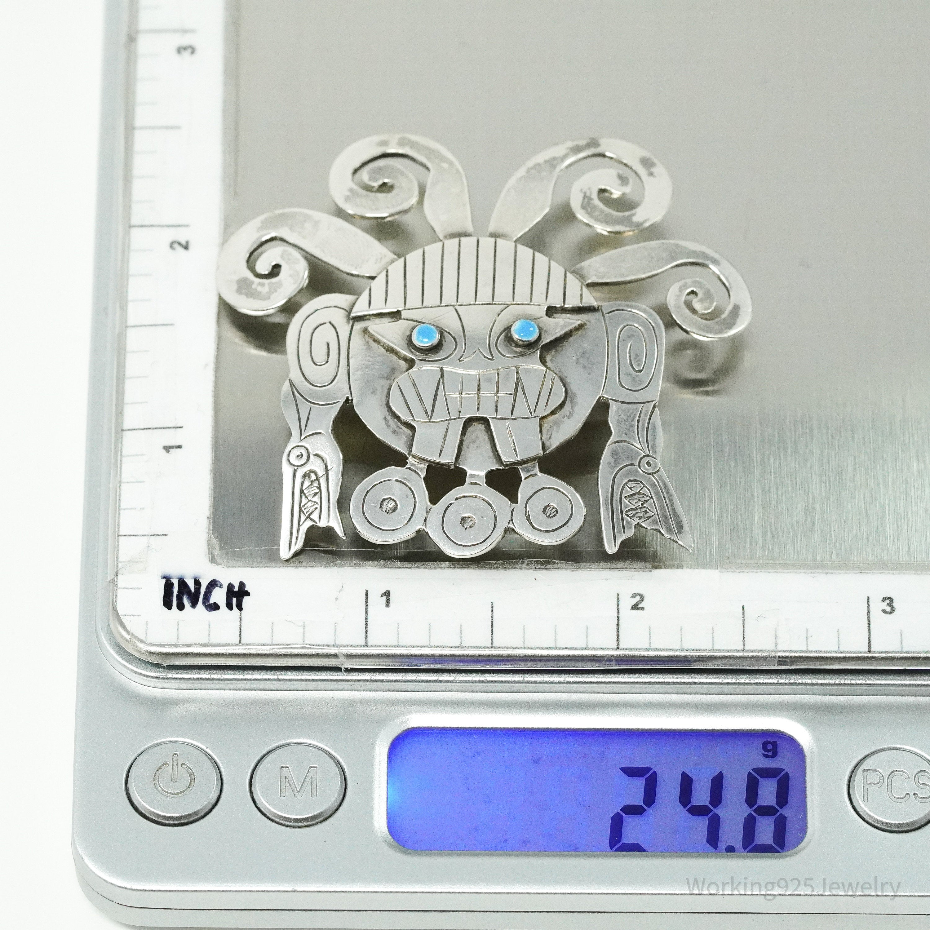 Large Vintage Aztec Mayan Sterling Silver Brooch Pin