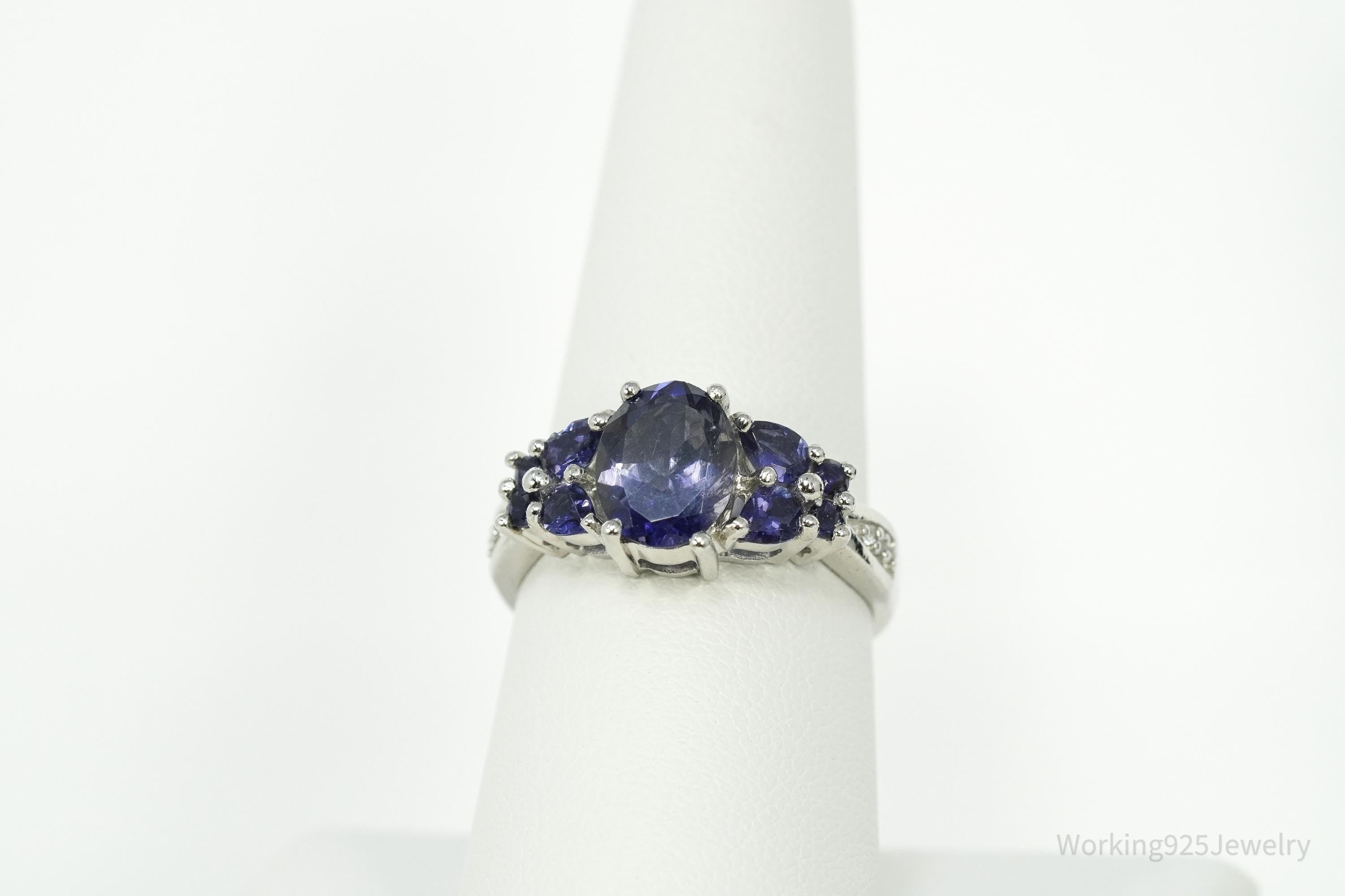 Iolite & White Zircon Rhodium Over Sterling Silver Ring - Size 7.75