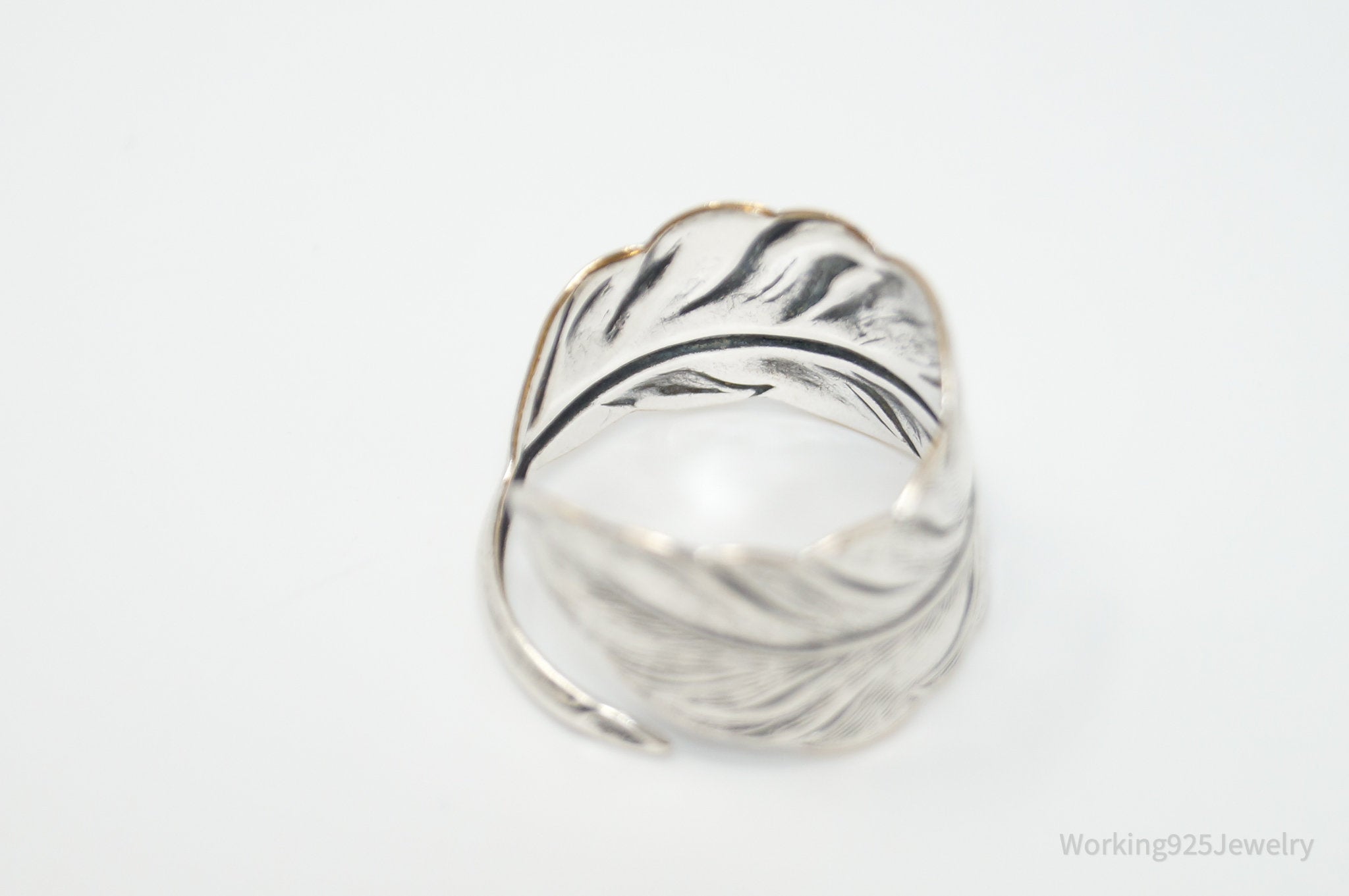 Vintage Large Feather Wrap Silver Plated Ring - Sz 11.25