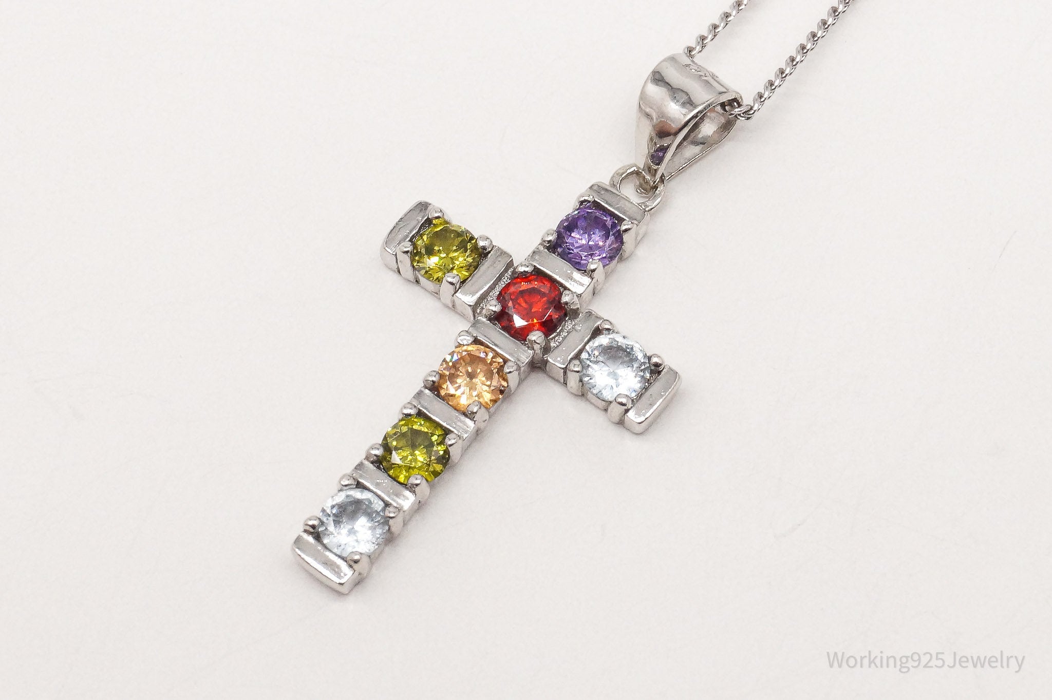 Vintage Multi Gemstone Cross Sterling Silver Necklace 18"