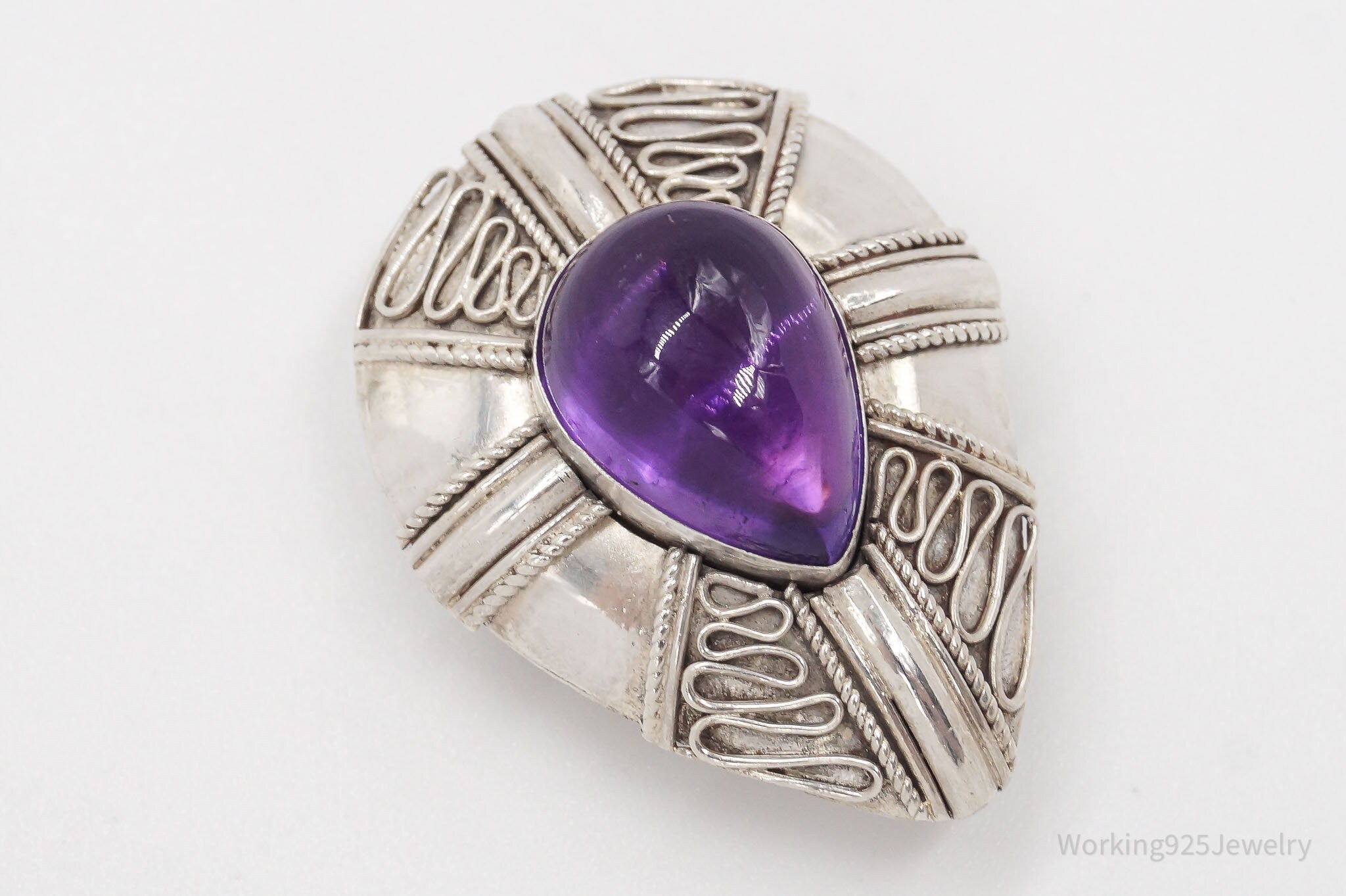 Vintage Amethyst Bali Style Sterling Silver Brooch Pin Pendant