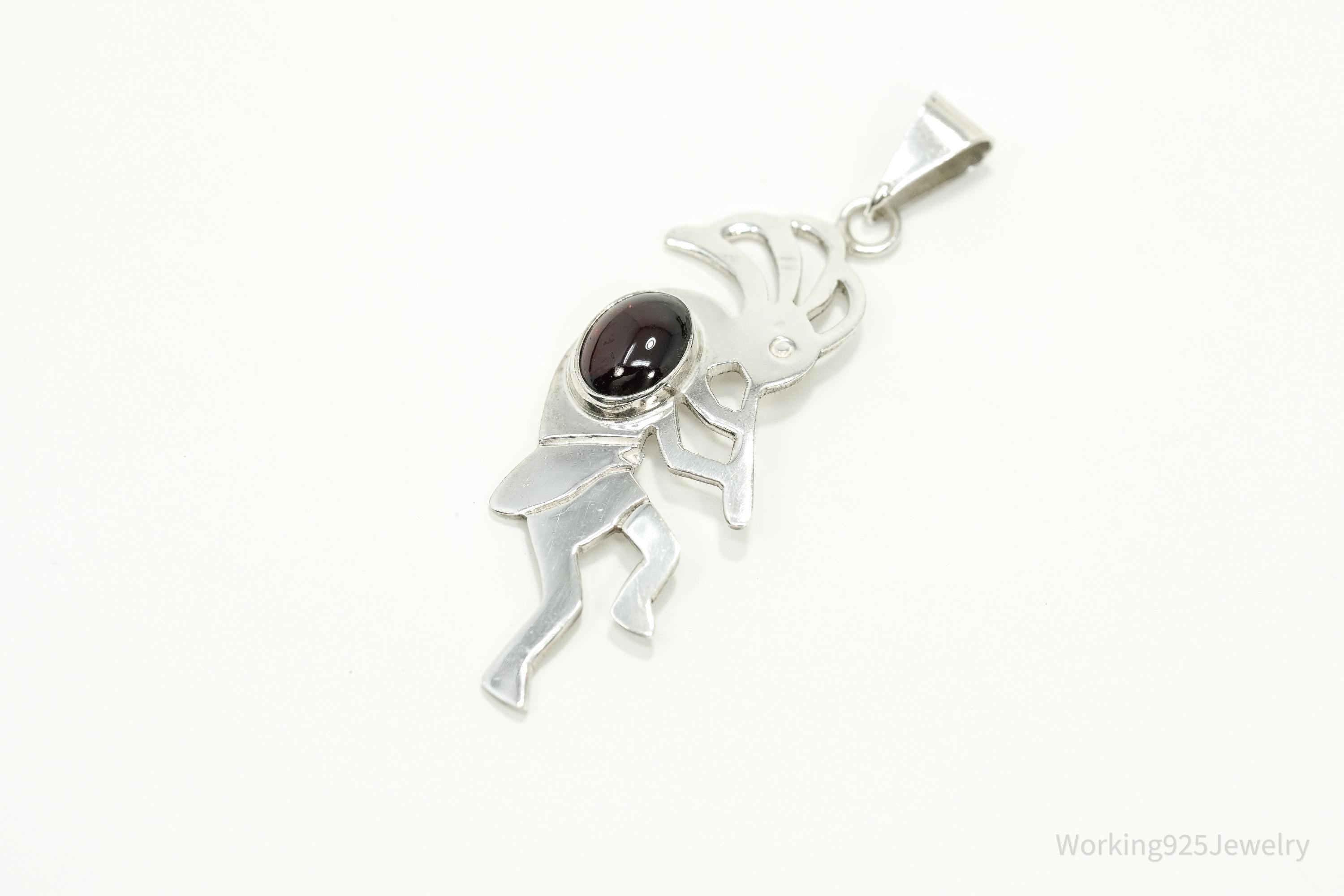 Large Vintage Native American Dancing Kokopelli Rhodolite Sterling Silver Pendant 2.5"
