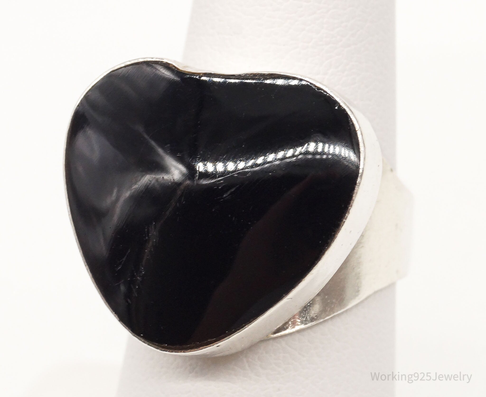 Vintage Mexico Large Black Onyx Heart Sterling Silver Ring - Size 7.5