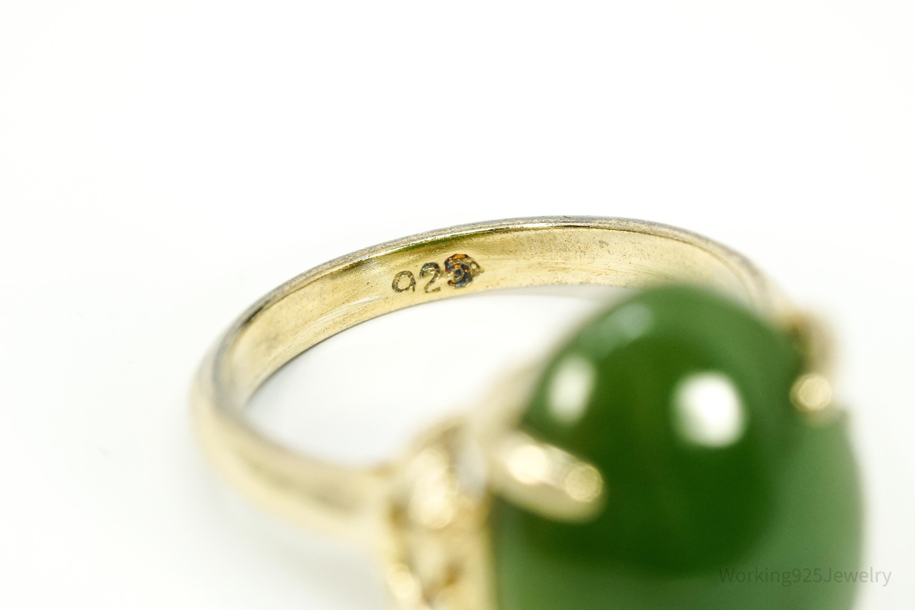 Vintage Green Jade Gold Over Sterling Silver Ring Size 6.75