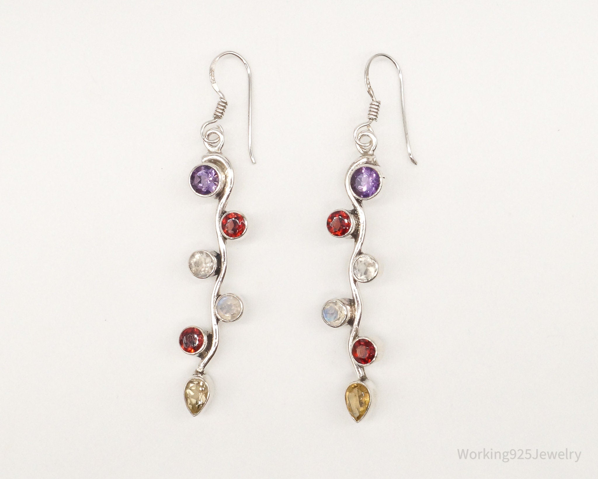 Vintage Multi Gemstones Sterling Silver Dangle Earrings