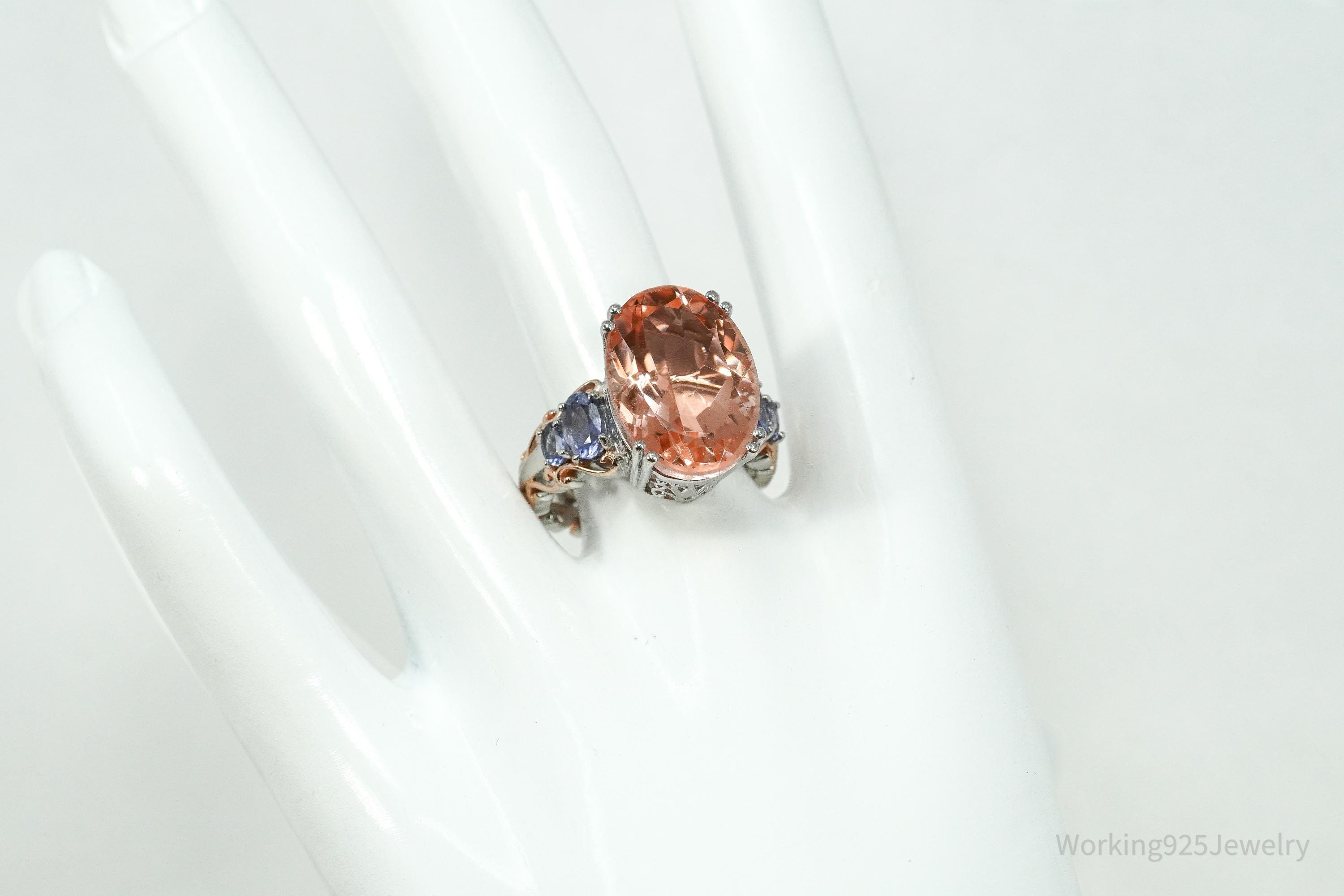 Vintage Chuck Clemency Peach Quartz & Iolite Rose Gold Plated Sterling Silver Ring - Size 8.25