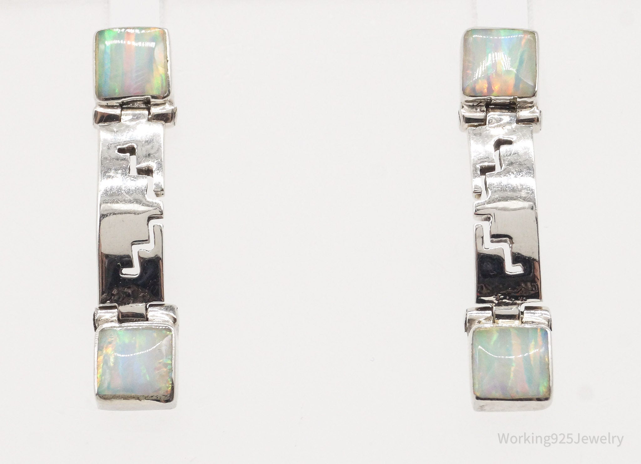 Vintage Mexican White Opal Aztec 950 Silver Earrings