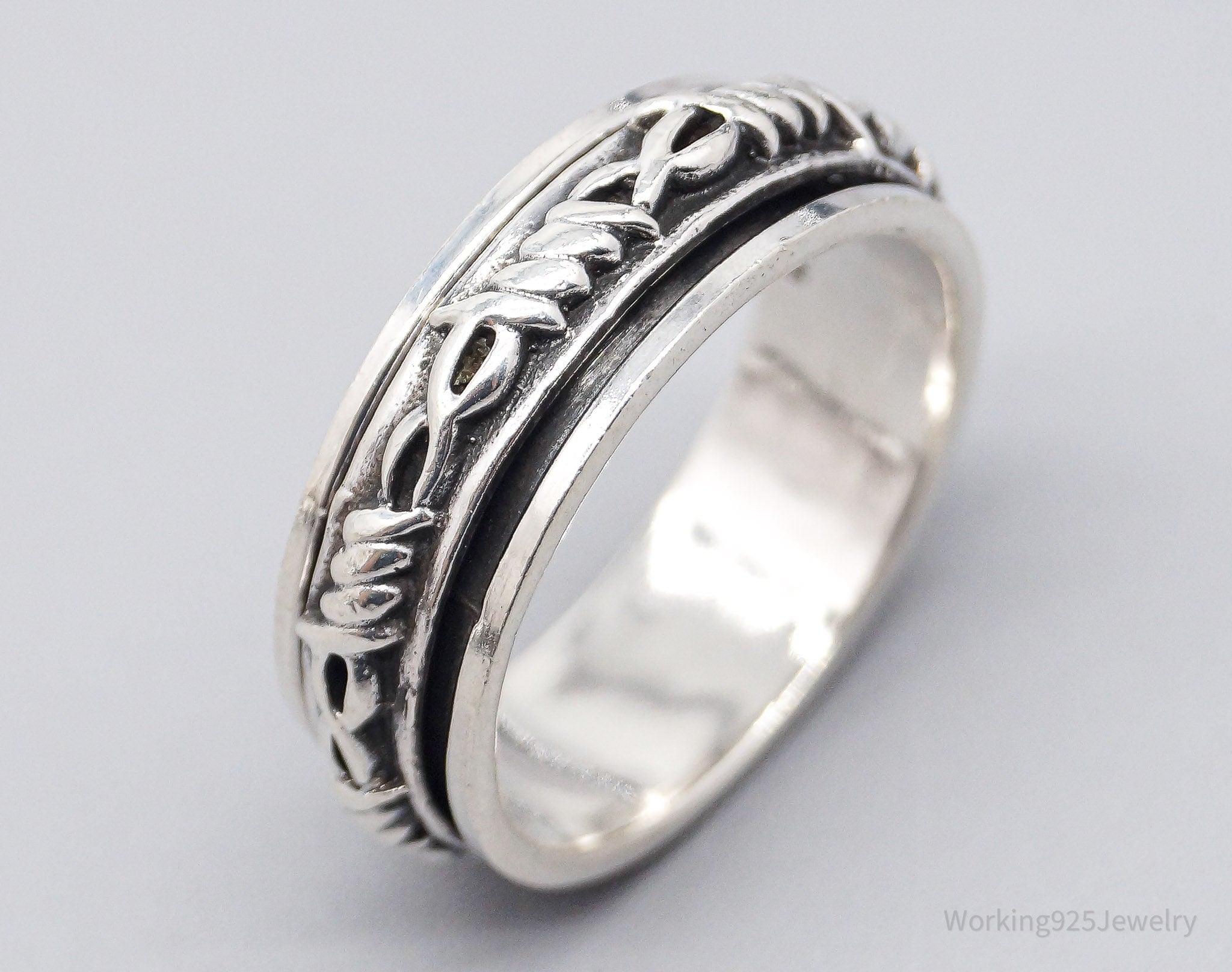 Vintage Barbed Wire Wrap Sterling Silver Spinner Band Ring - Size 13.75