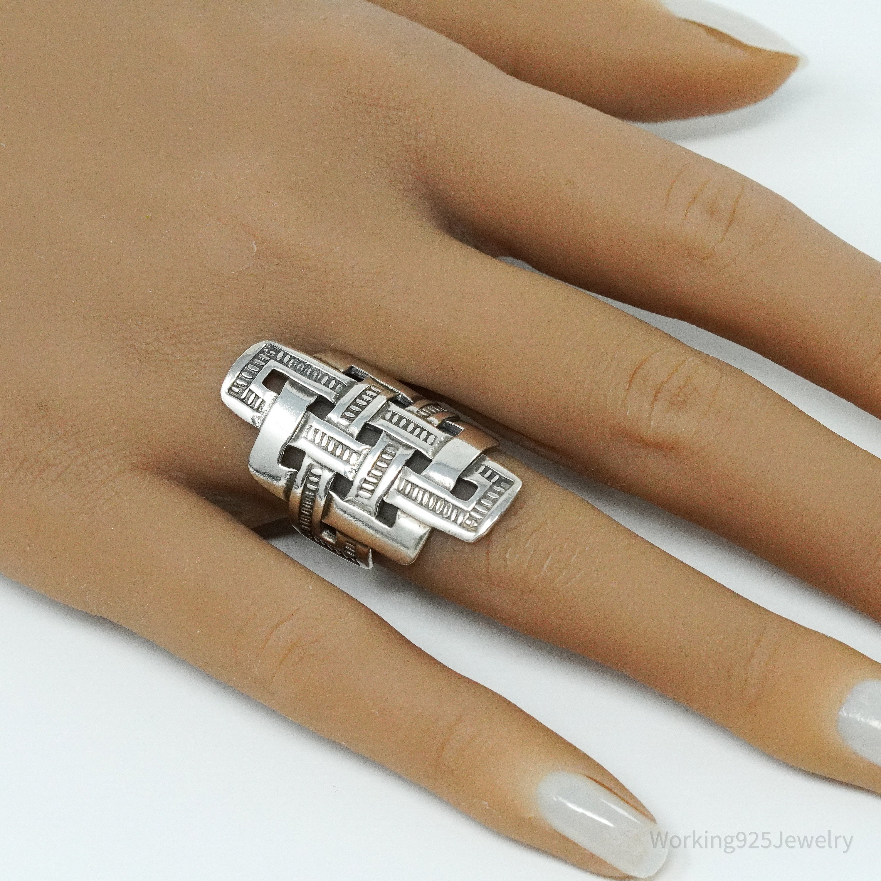Vintage Viking Style Braided Cross Sterling Silver Ring - Size 7.25