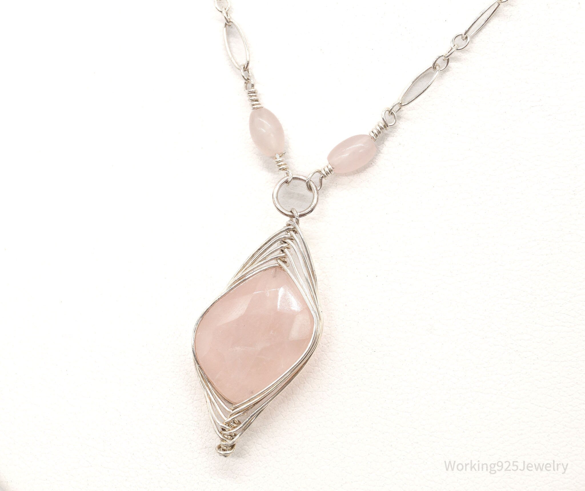 Vintage Large Rose Quartz Filigree Silver Necklace