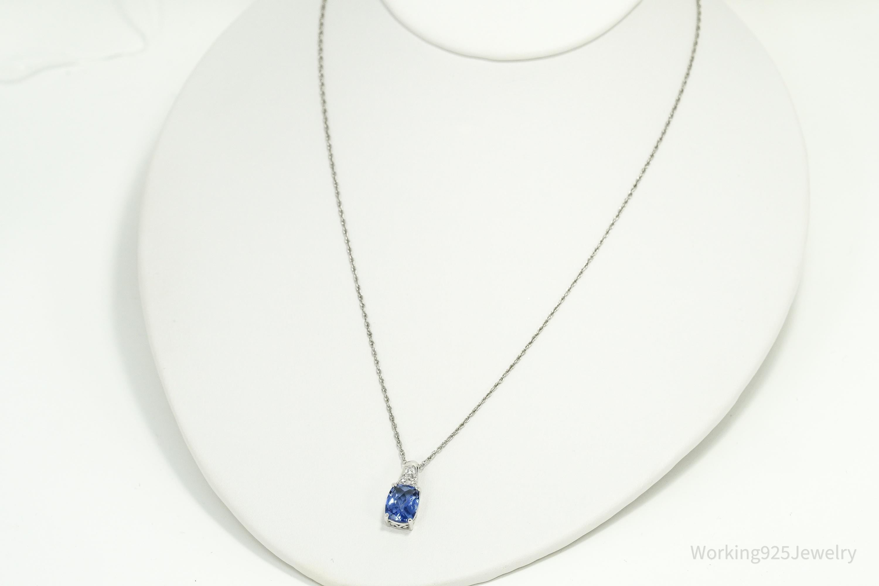 Vintage Ross Simons Lab Created Blue Sapphire & Single Diamond Sterling Silver Necklace 18"