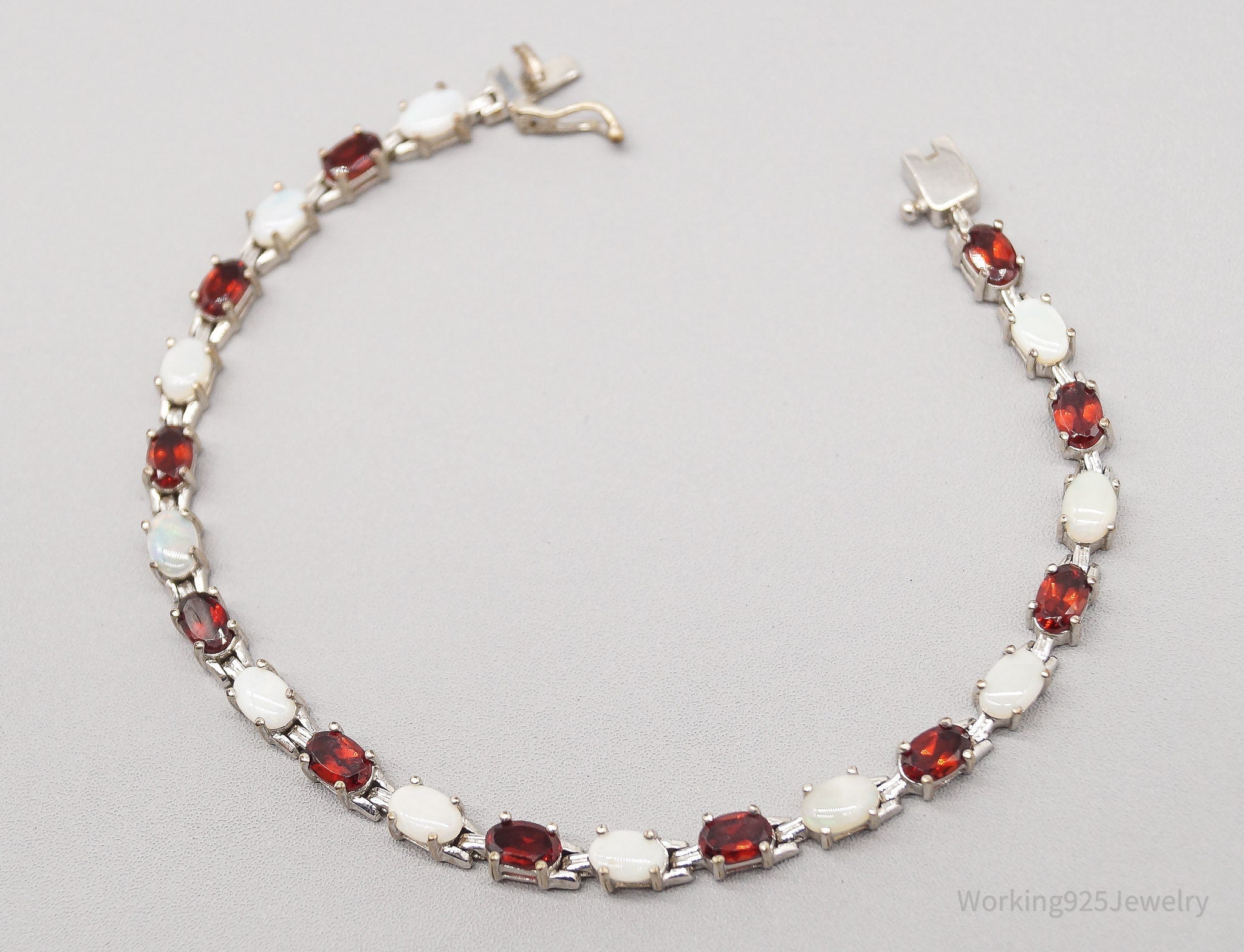 Vintage Garnet & Opal Sterling Silver Plated Bracelet 7 7/8"