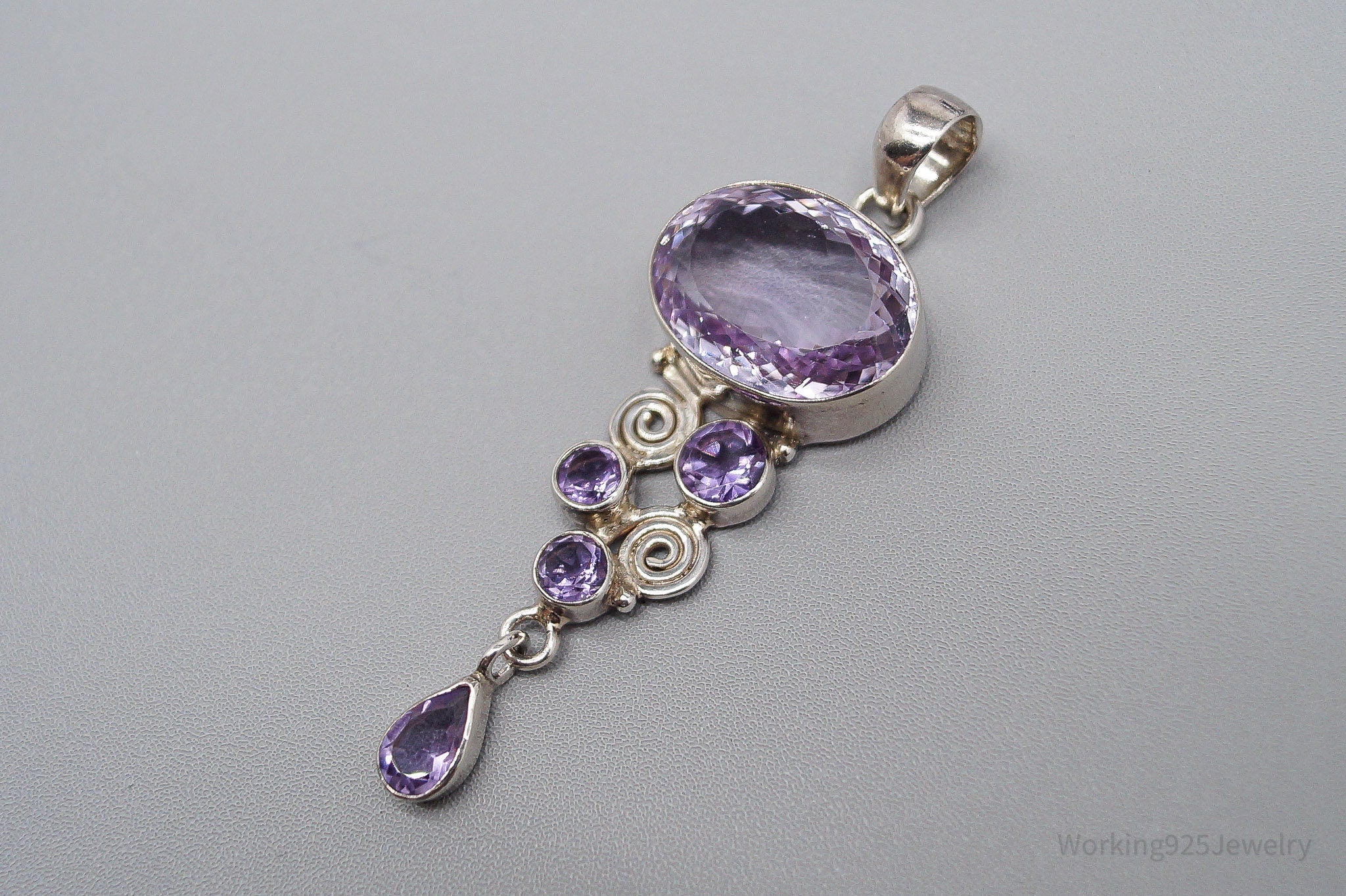 Vintage Large Purple Amethyst Sterling Silver Necklace Pendant