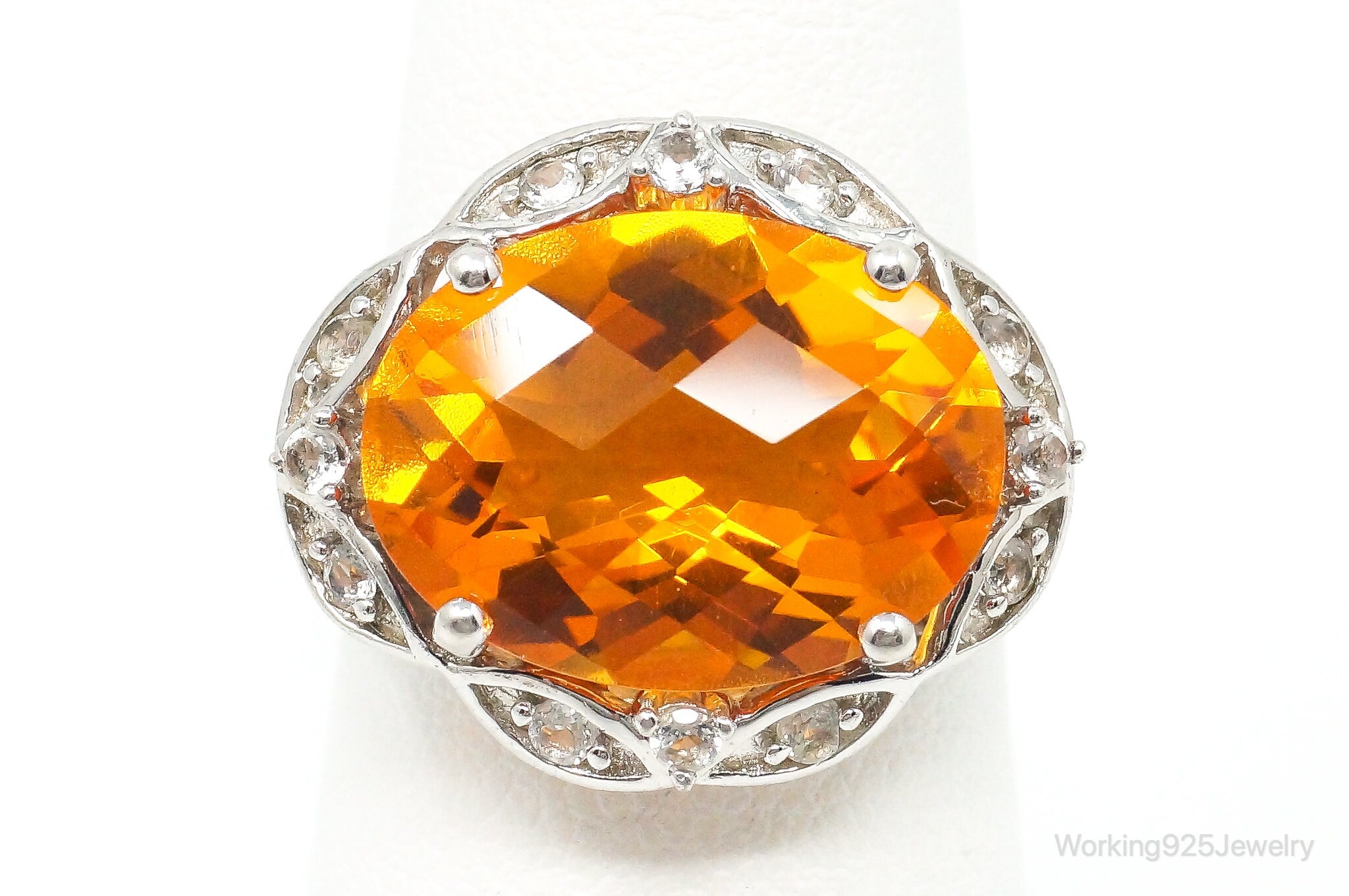 Vintage Oval Checkerboard Cut Orange Glass & CZ Sterling Silver Ring Size 7.25