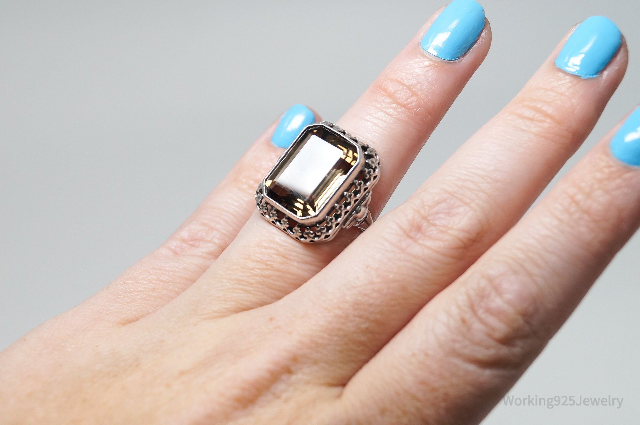 Vintage Large Smoky Topaz 835 Silver Ornate Statement Ring - Sz 6
