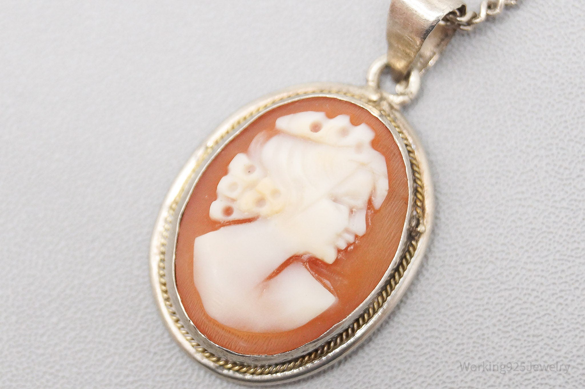 Vintage Carved Shell Woman Cameo Sterling Silver Necklace