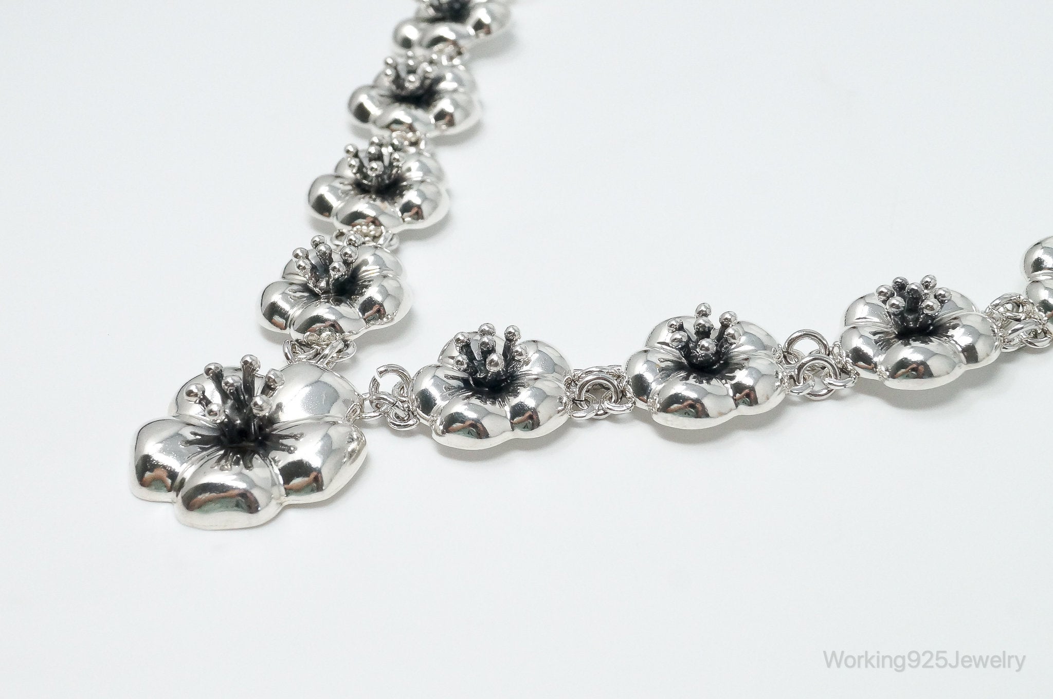 Vintage Mexico Designer CII 3D Flowers Sterling Silver Necklace