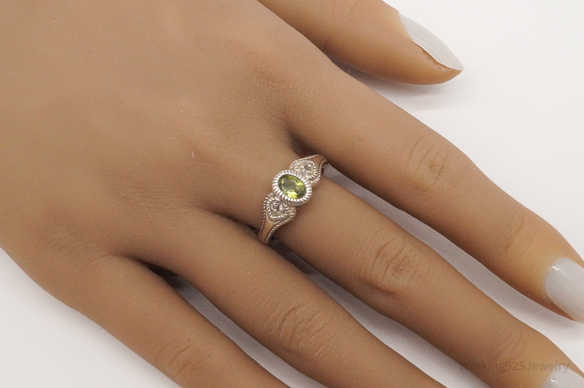 Vintage Designer Peridot & White Topaz Sterling Silver Ring - Size 8.75