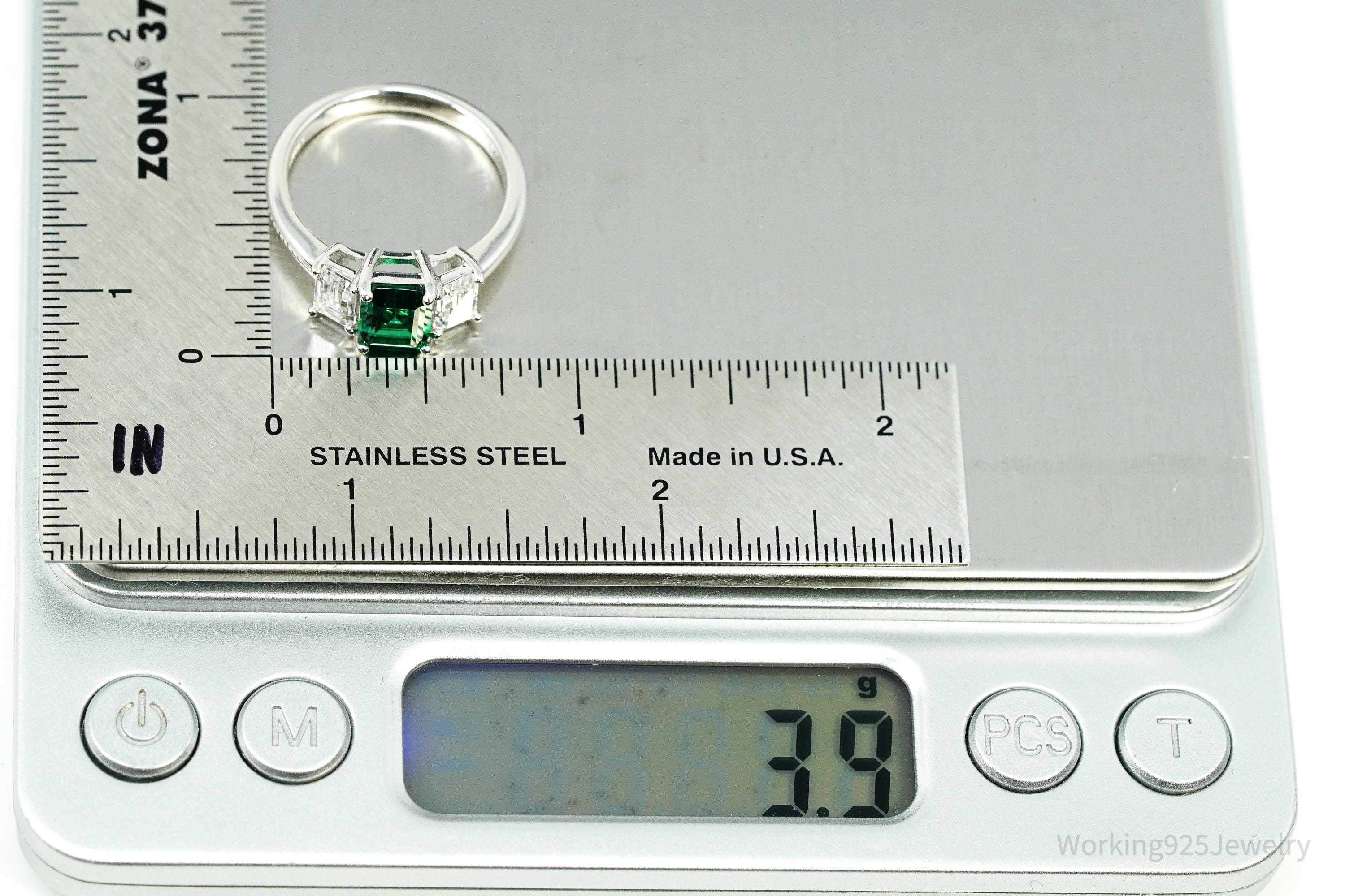 Vintage Lab Emerald & Cubic Zirconia Sterling Silver Ring - Size 8