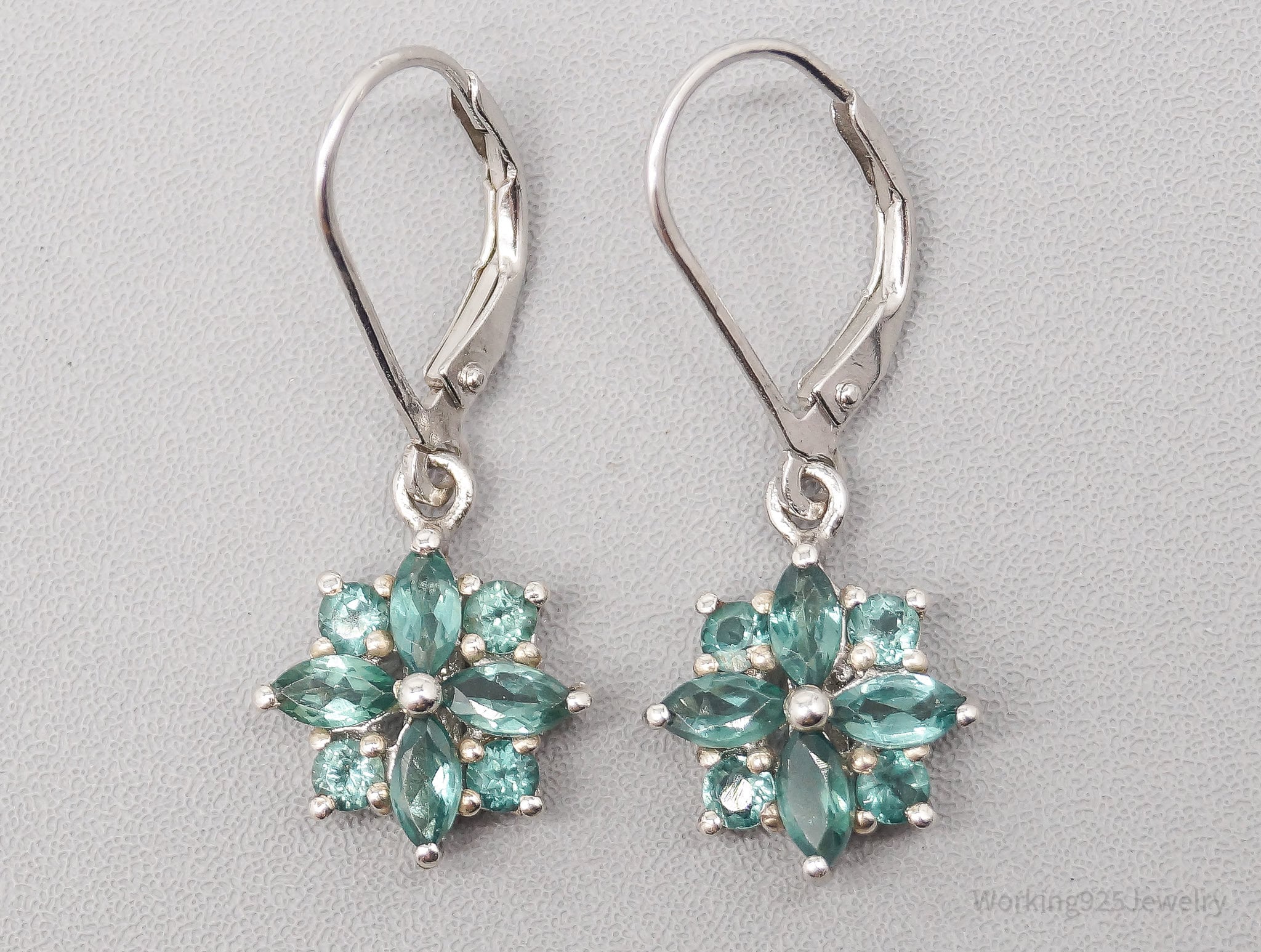 Vintage Teal Gemstone Sterling Silver Flower Earrings